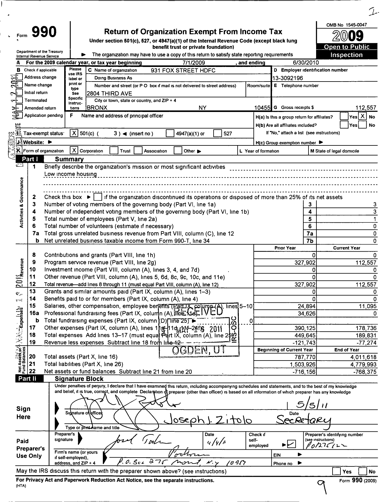 Image of first page of 2009 Form 990 for 931 Fox Street Housing Development Fund Corporation