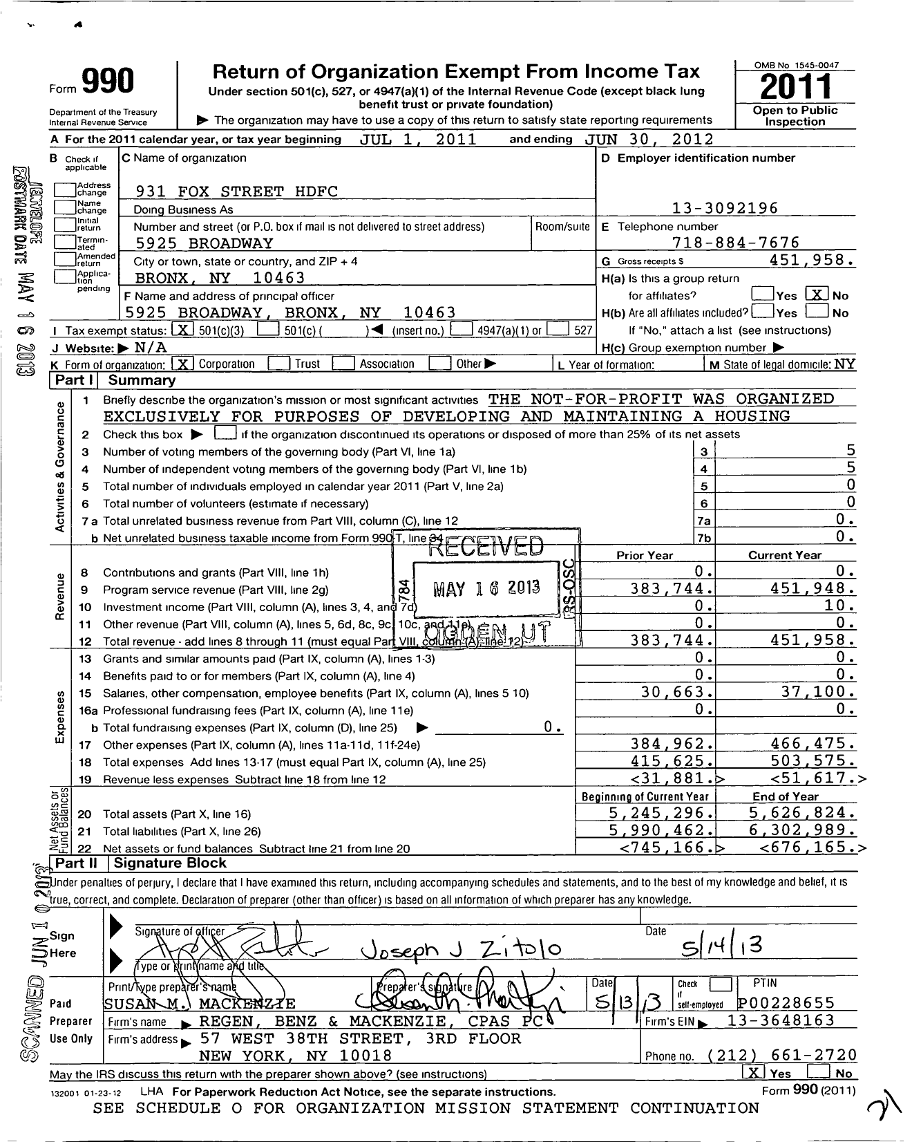 Image of first page of 2011 Form 990 for 931 Fox Street Housing Development Fund Corporation