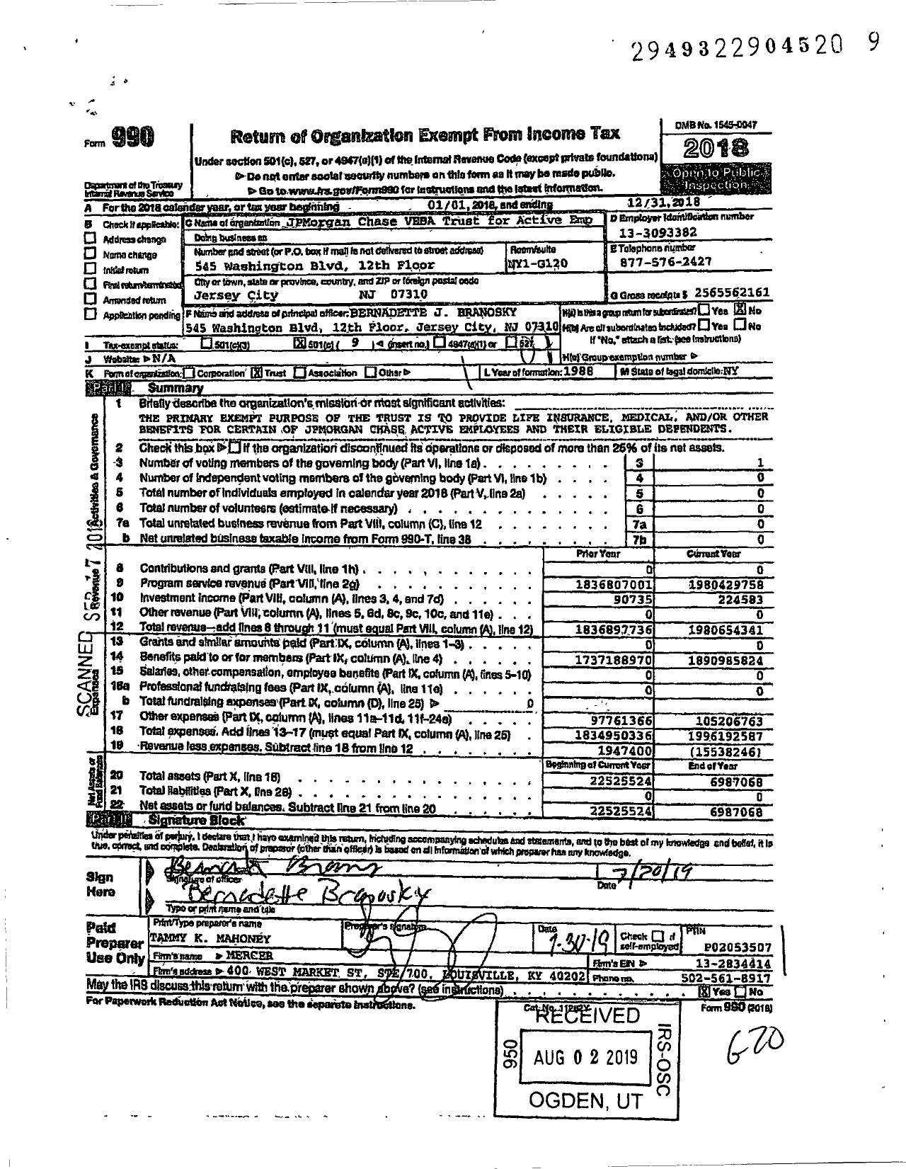Image of first page of 2018 Form 990O for JPMorgan Chase Veba Trust for Active Employee