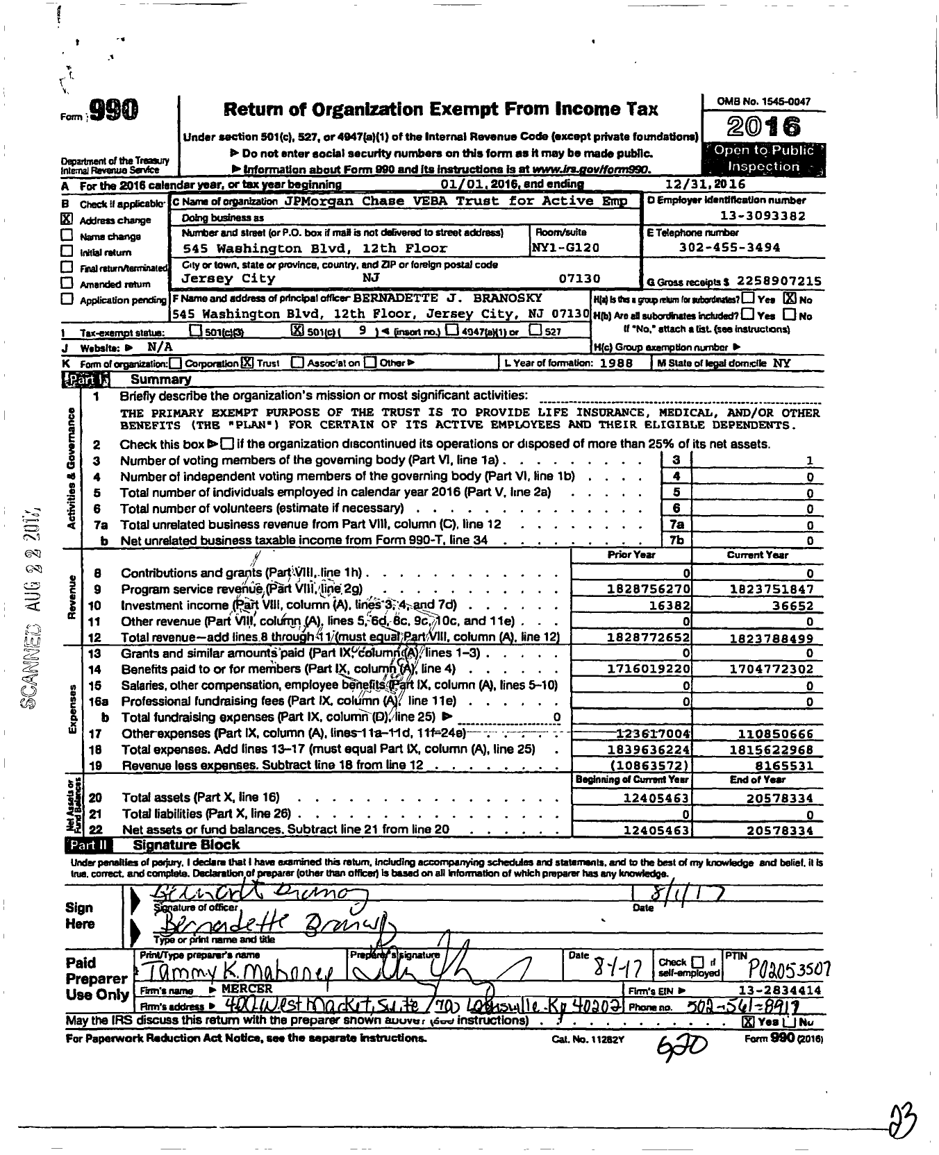 Image of first page of 2016 Form 990O for JPMorgan Chase Veba Trust for Active Employee