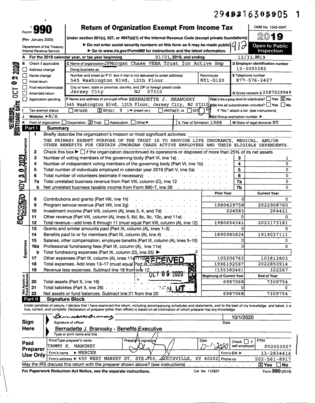 Image of first page of 2019 Form 990O for JPMorgan Chase Veba Trust for Active Employee
