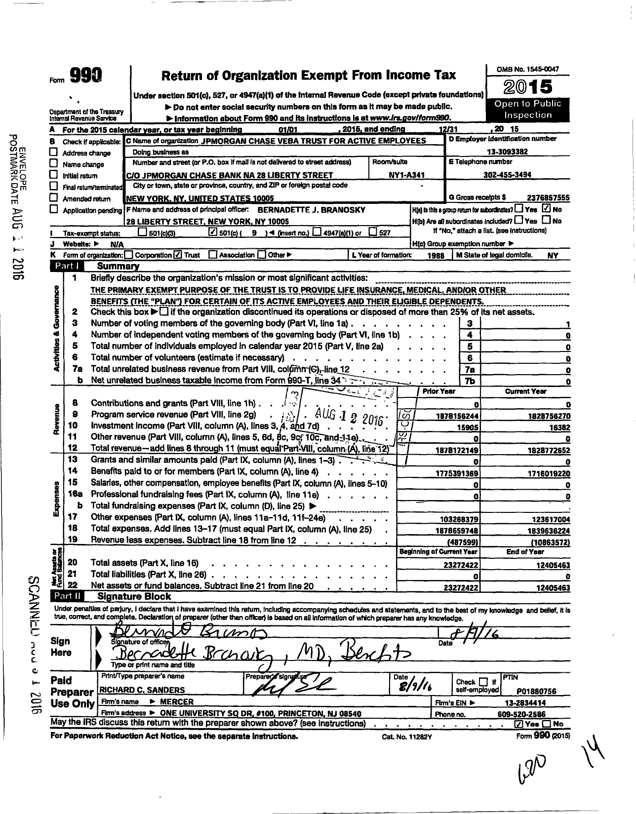Image of first page of 2015 Form 990O for JPMorgan Chase Veba Trust for Active Employee