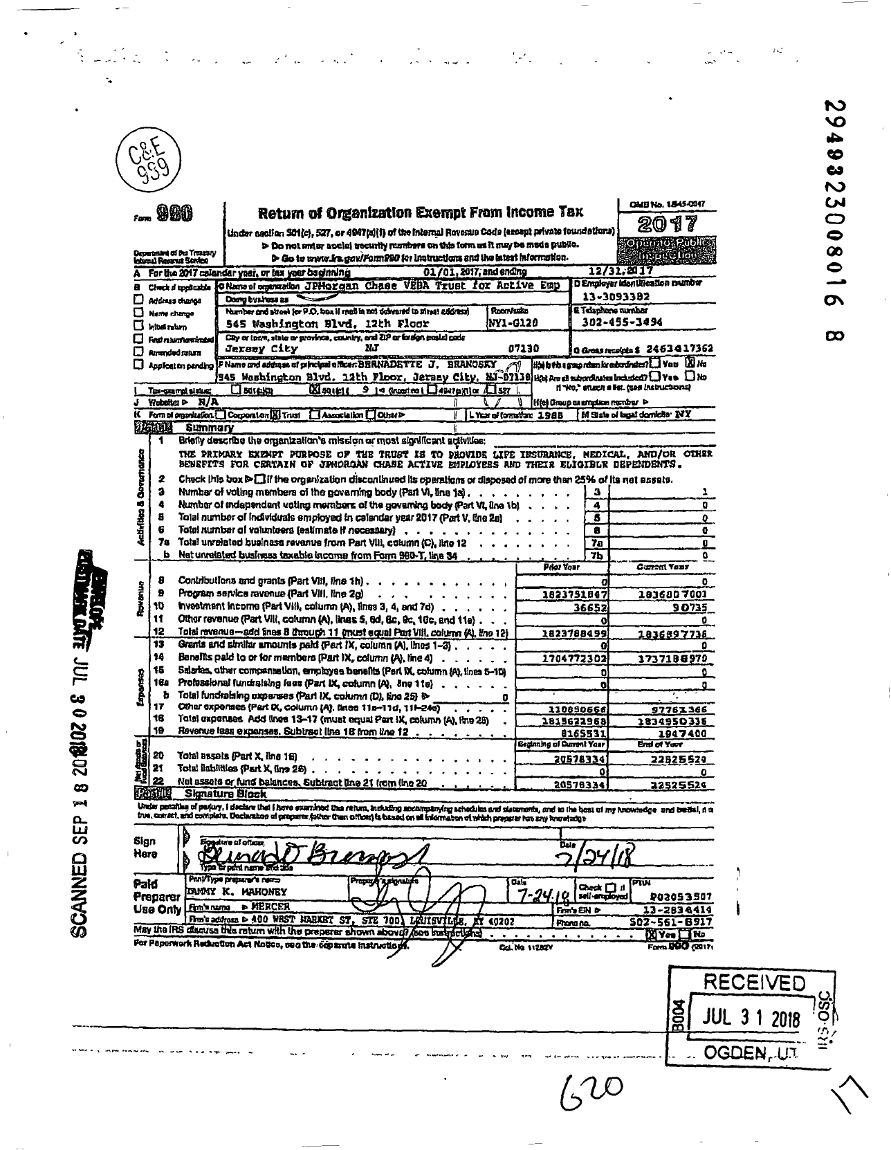Image of first page of 2017 Form 990O for JPMorgan Chase Veba Trust for Active Employee