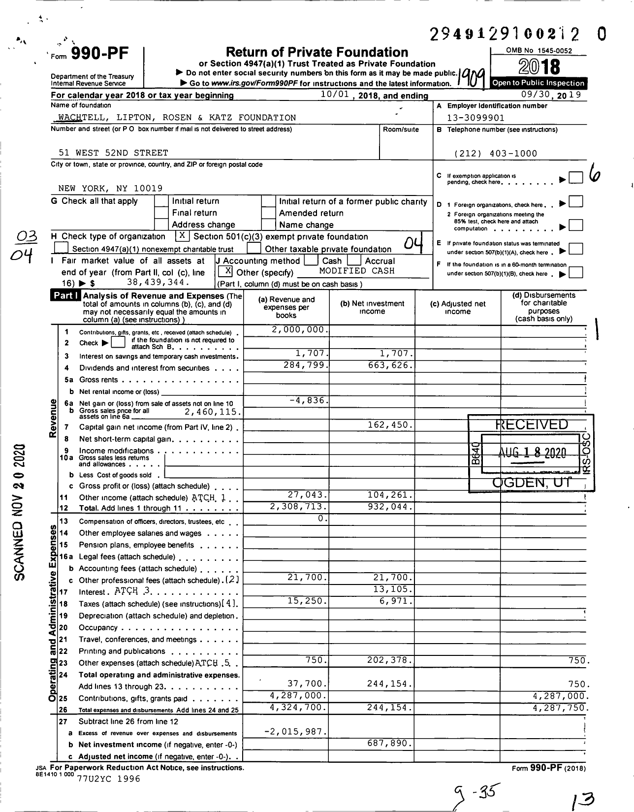 Image of first page of 2018 Form 990PF for Wachtell Lipton Rosen and Katz Foundation