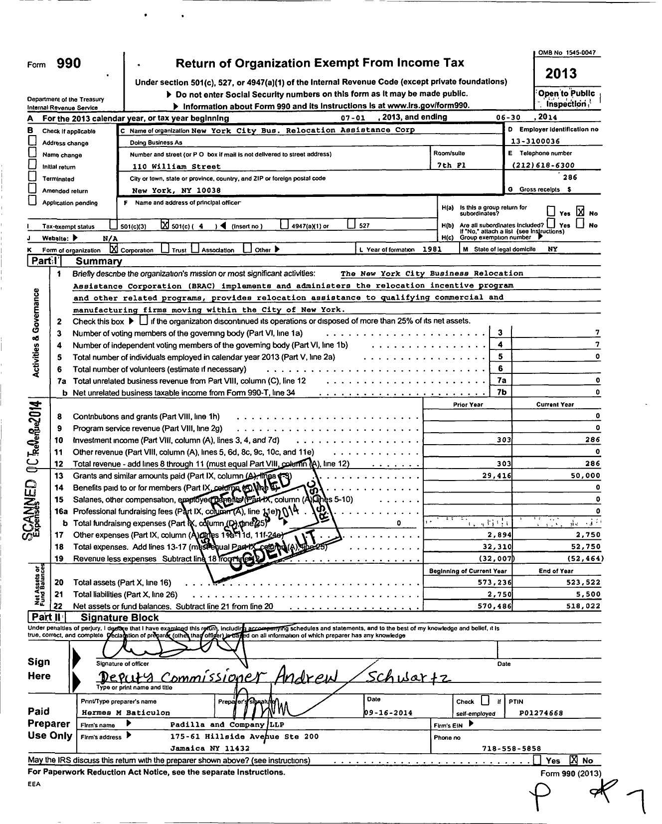 Image of first page of 2013 Form 990O for New York City Business Relocation Assistance Corporation