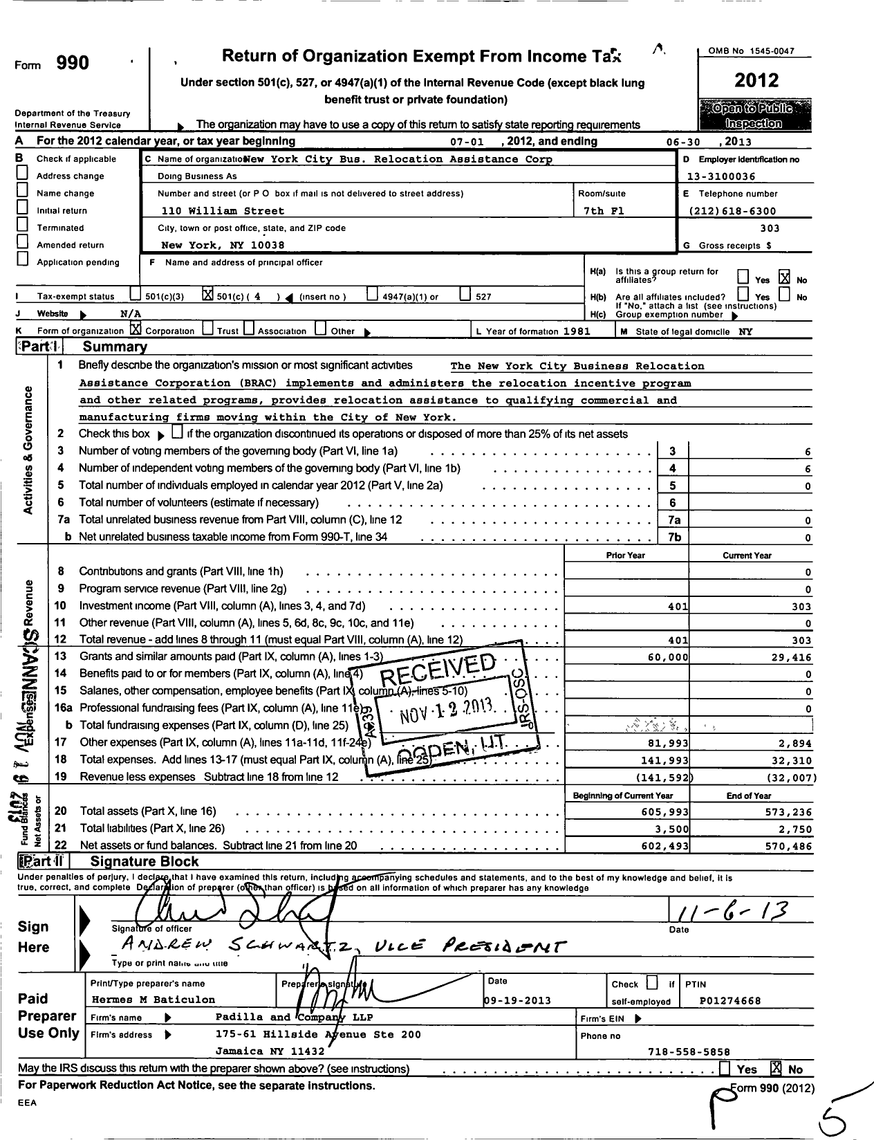 Image of first page of 2012 Form 990O for New York City Business Relocation Assistance Corporation