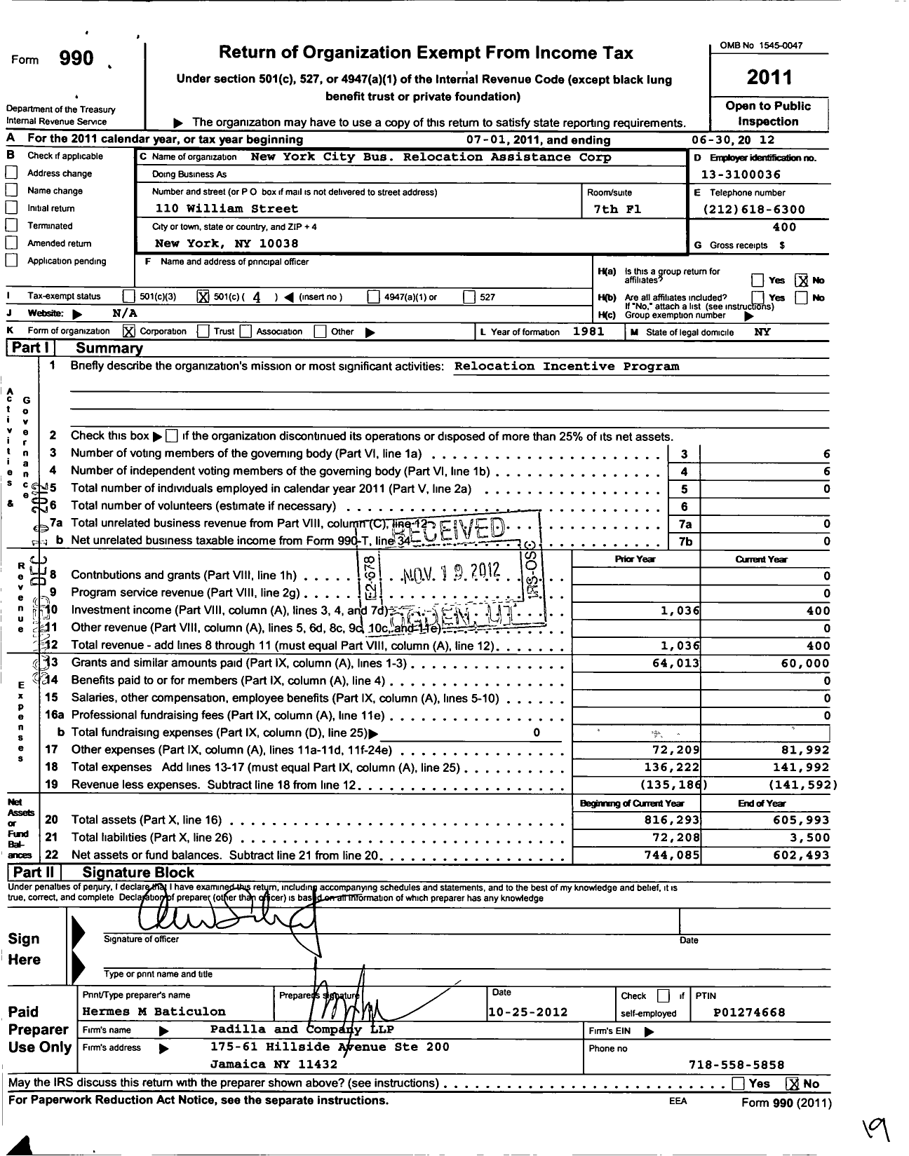 Image of first page of 2011 Form 990O for New York City Business Relocation Assistance Corporation