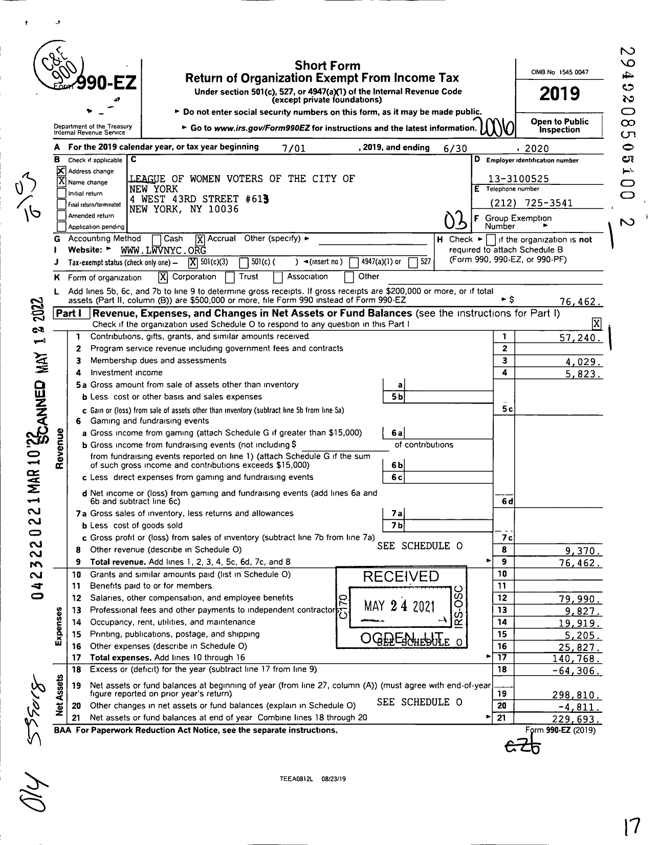 Image of first page of 2019 Form 990EZ for League of Women Voters of the City of New York