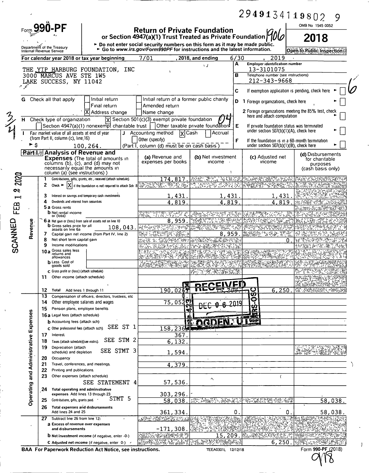 Image of first page of 2018 Form 990PF for The Yip Harburg Foundation