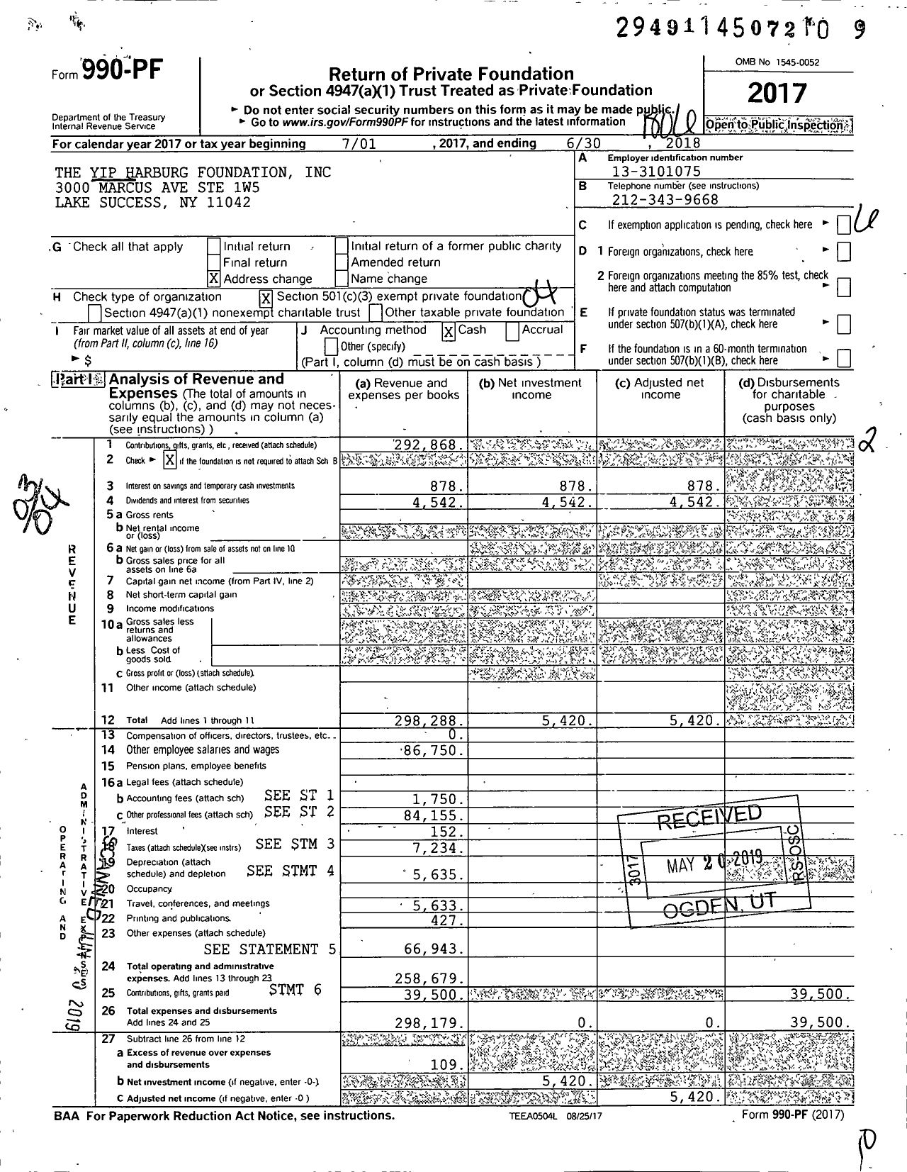 Image of first page of 2017 Form 990PF for The Yip Harburg Foundation