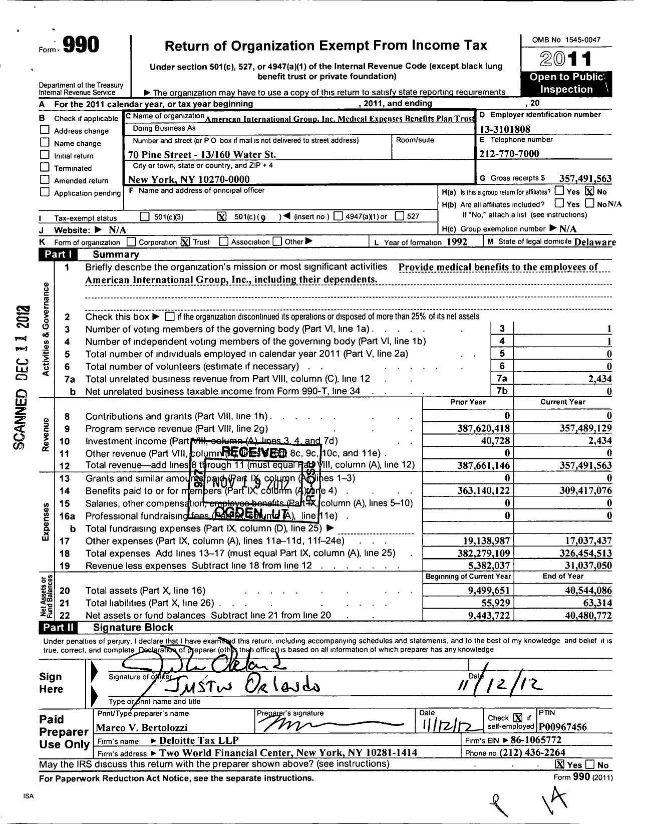 Image of first page of 2011 Form 990O for Aig Medical Expenses Benefits Plan Trust