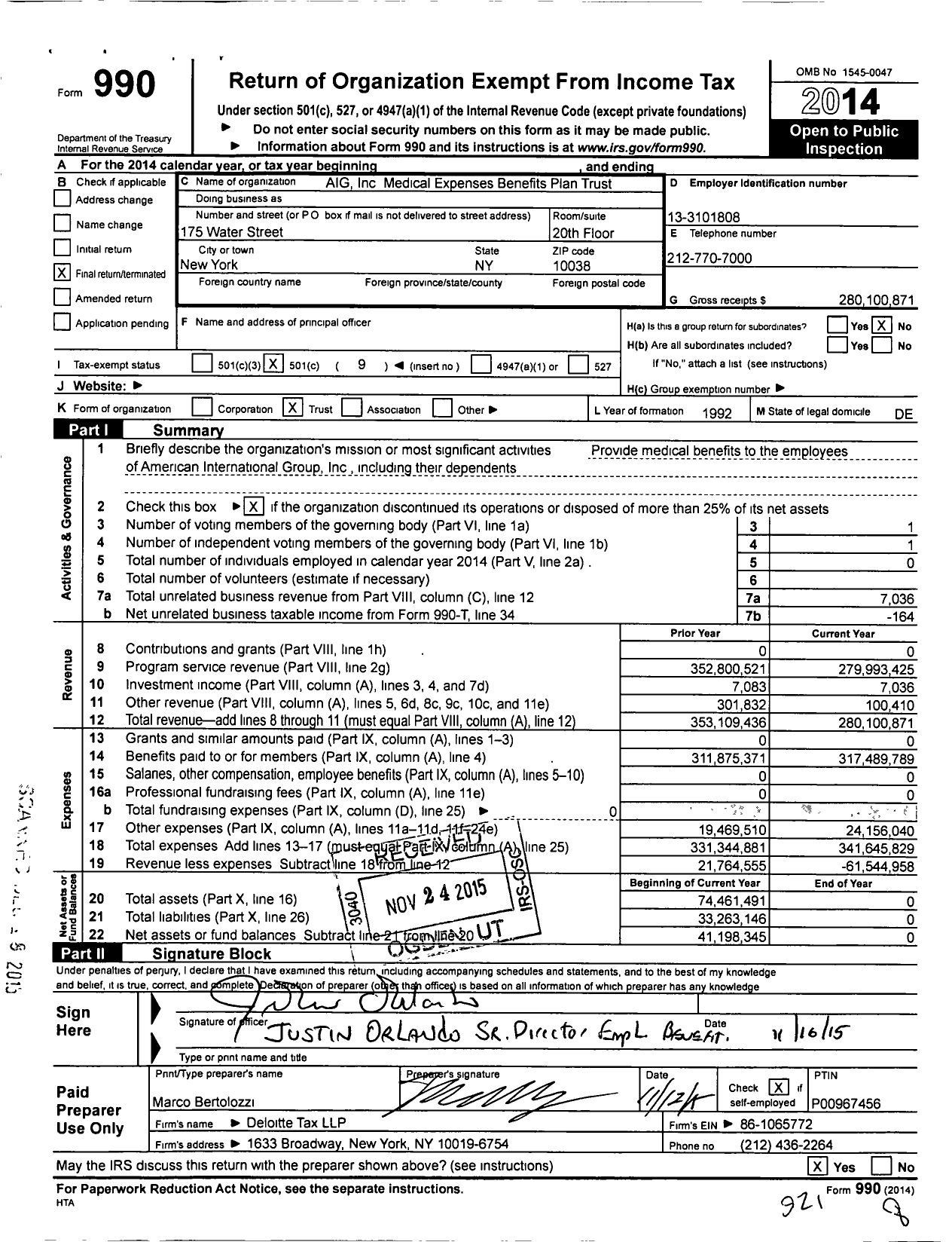 Image of first page of 2014 Form 990O for Aig Medical Expenses Benefits Plan Trust