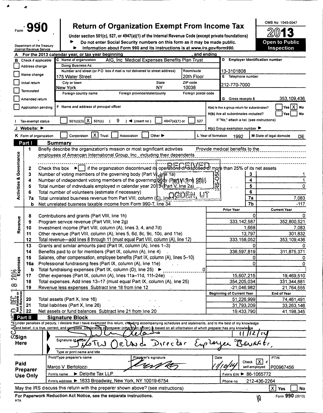 Image of first page of 2013 Form 990O for Aig Medical Expenses Benefits Plan Trust