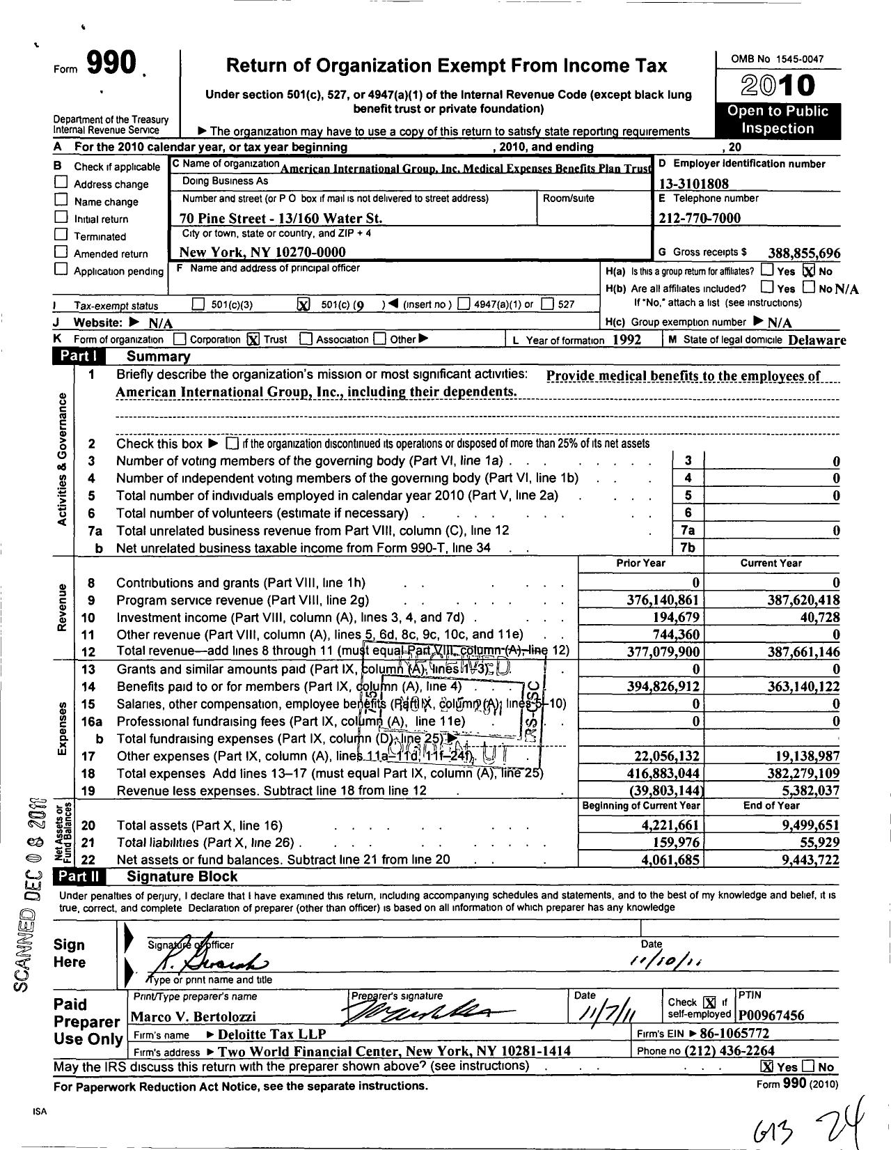Image of first page of 2010 Form 990O for Aig Medical Expenses Benefits Plan Trust