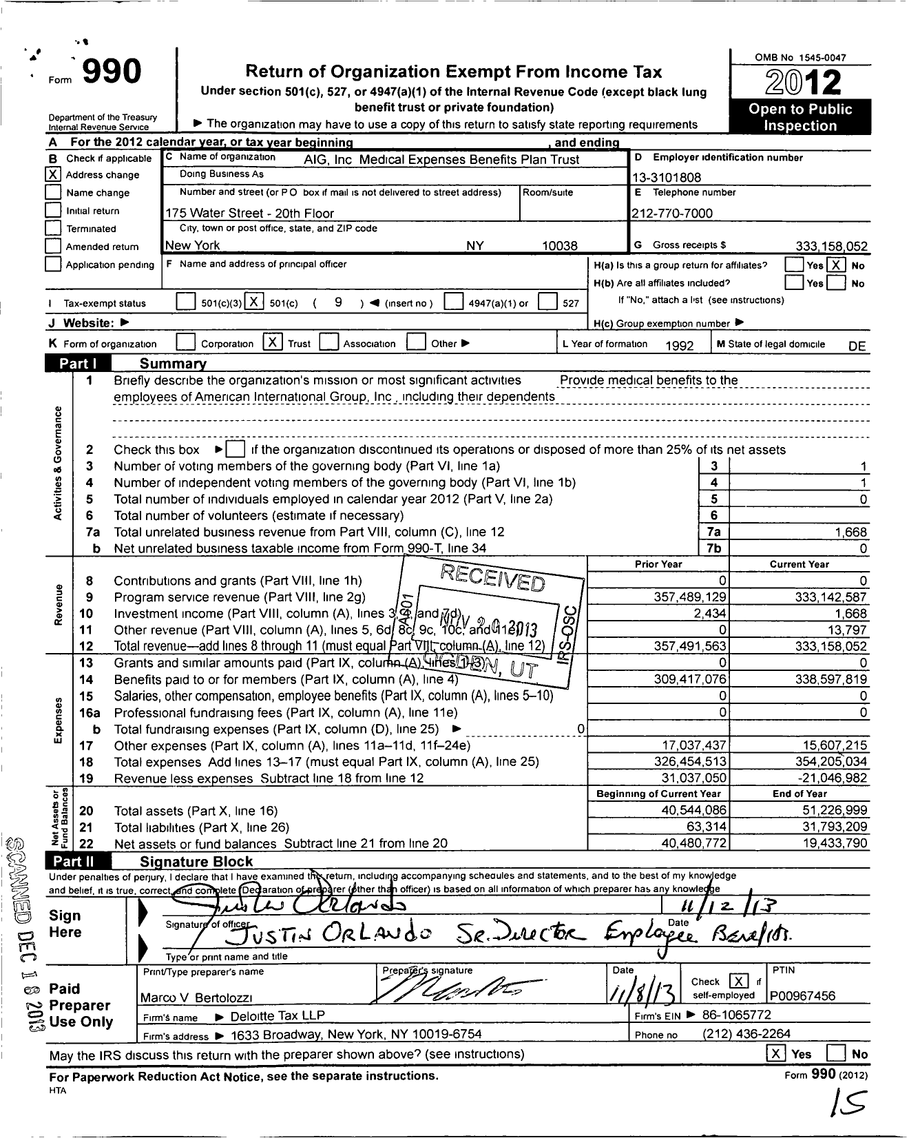 Image of first page of 2012 Form 990O for Aig Medical Expenses Benefits Plan Trust
