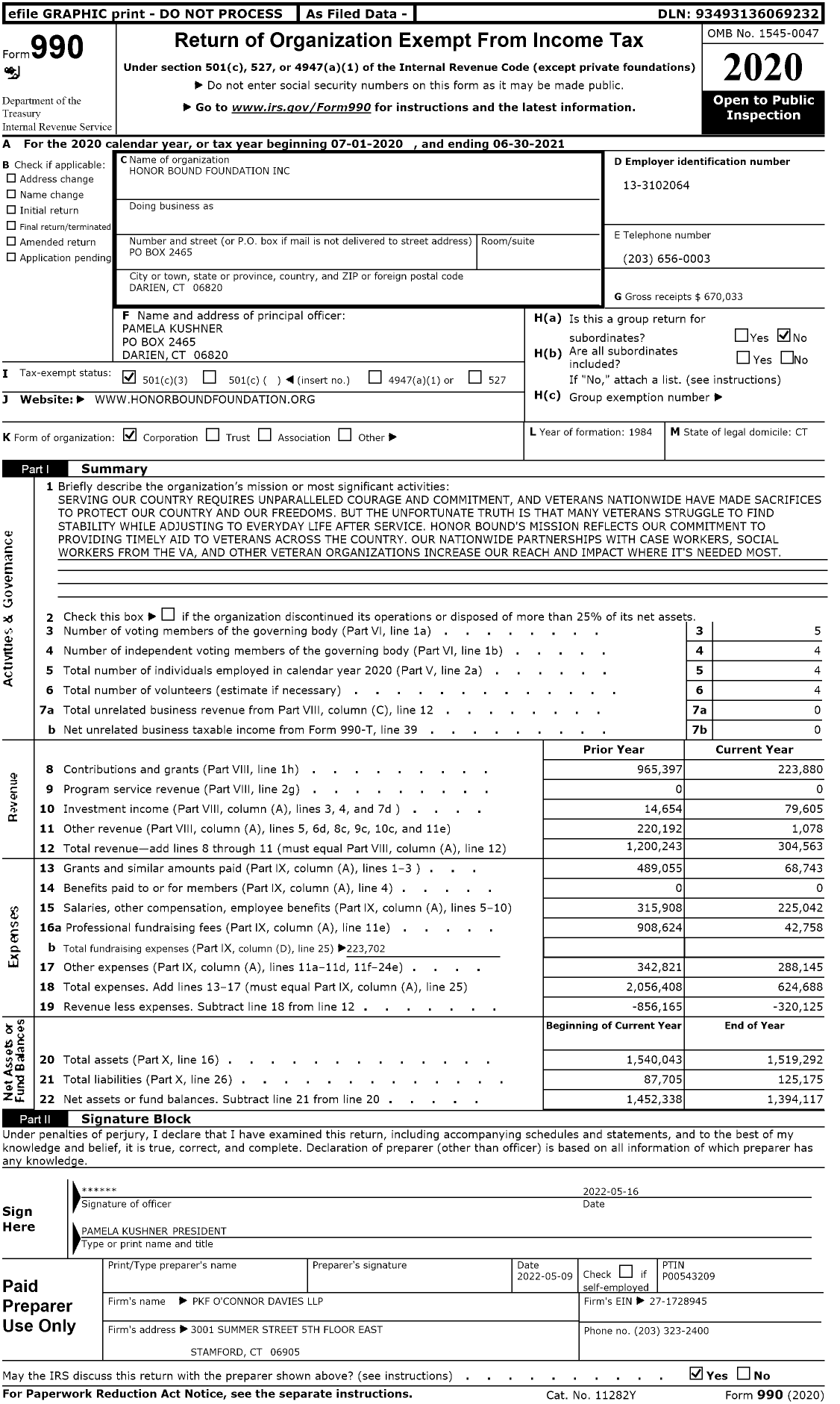 Image of first page of 2020 Form 990 for Honor Bound Foundation (NVSF)