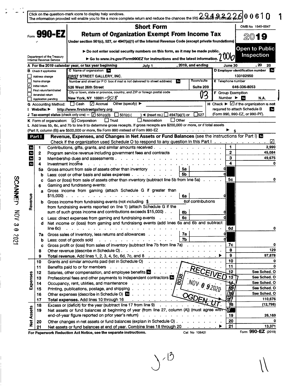 Image of first page of 2019 Form 990EZ for First Street Gallery