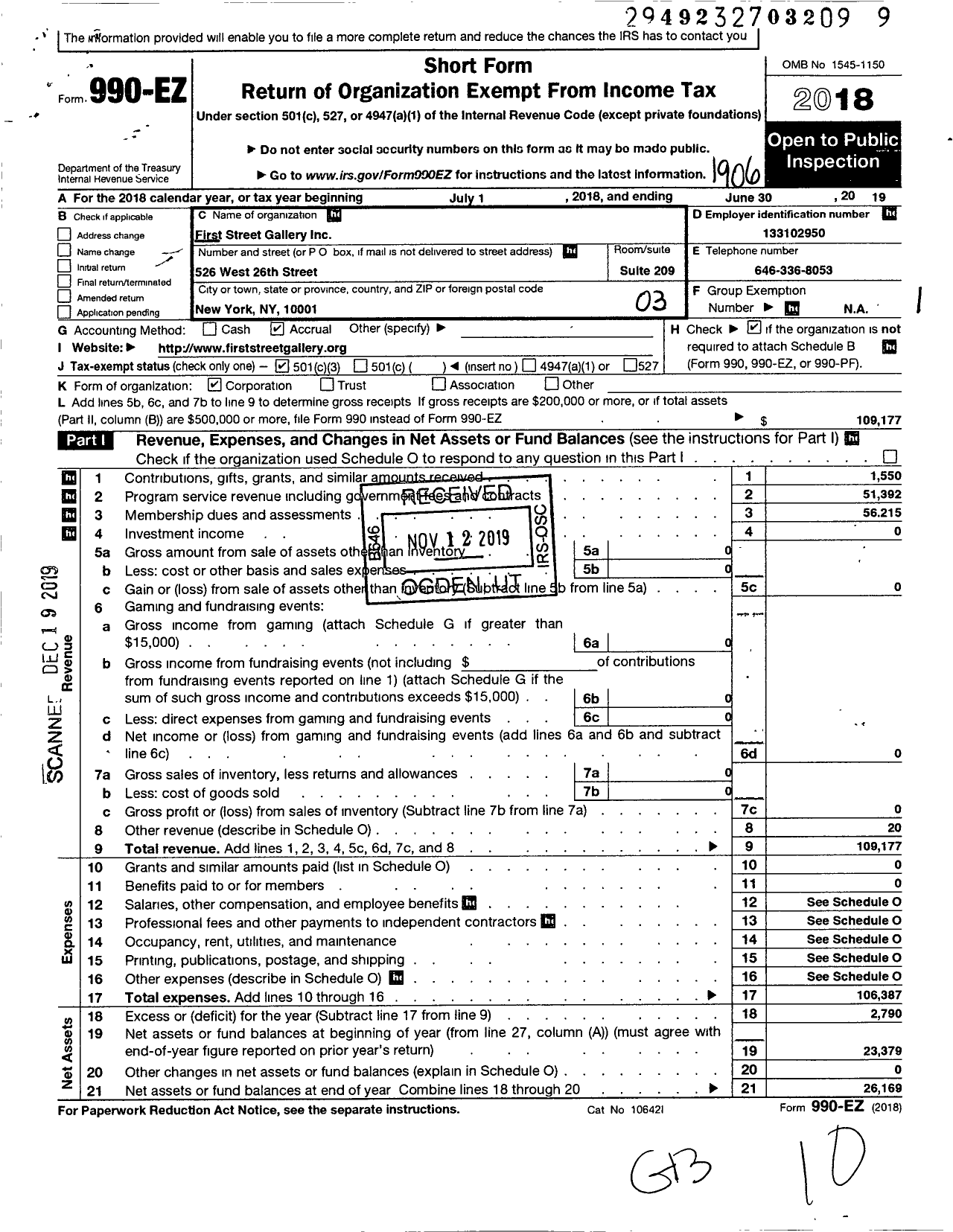 Image of first page of 2018 Form 990EZ for First Street Gallery