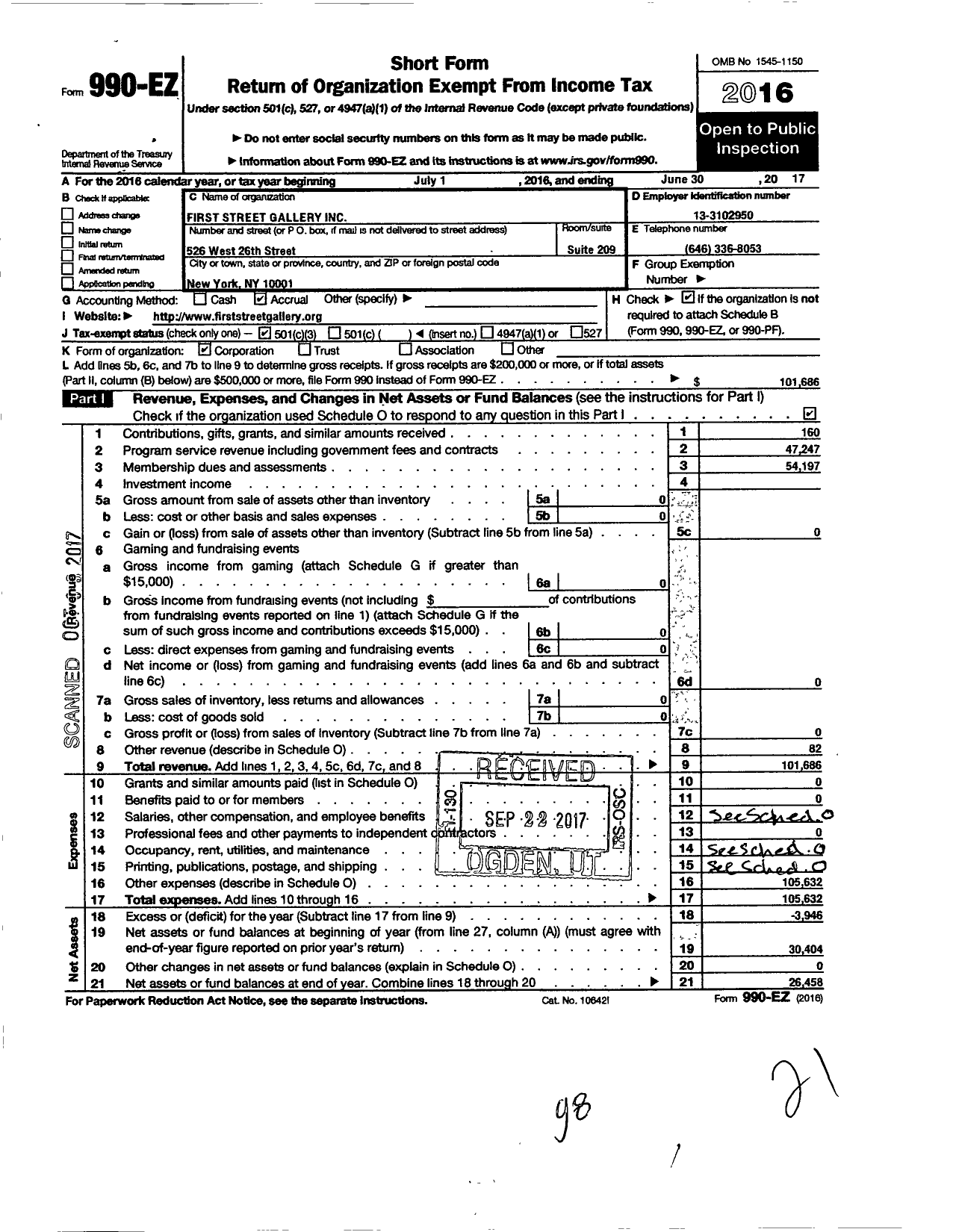 Image of first page of 2016 Form 990EZ for First Street Gallery