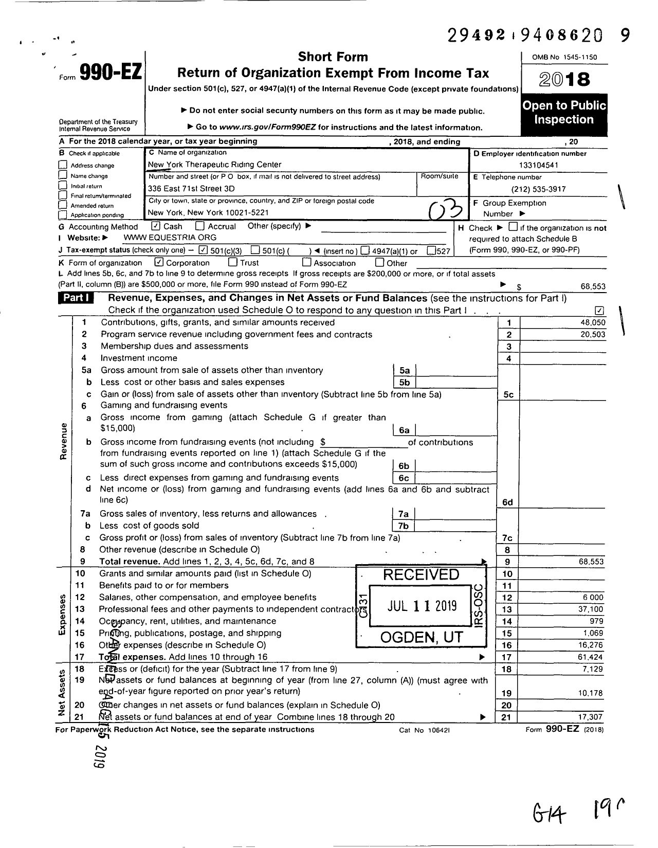 Image of first page of 2018 Form 990EZ for New York Therapeutic Riding Center