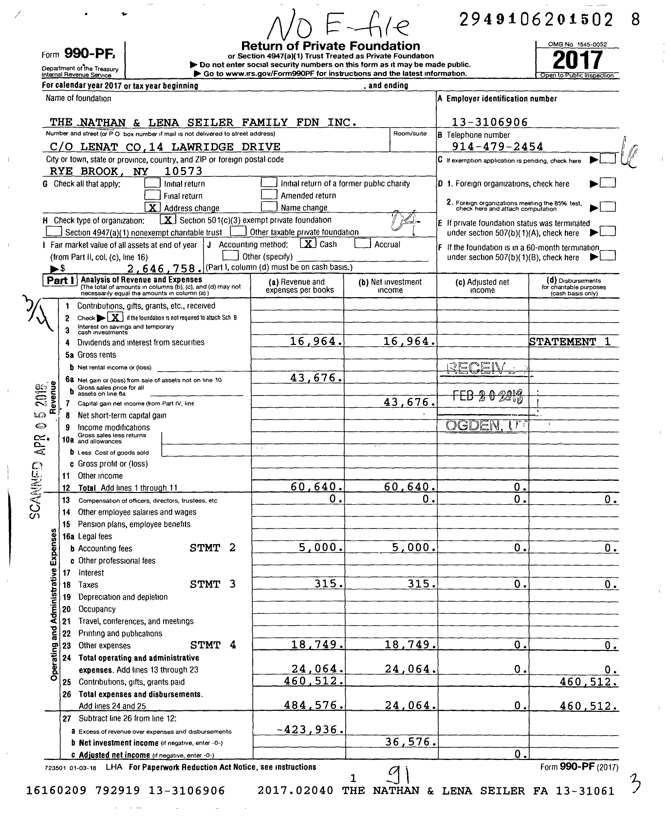 Image of first page of 2017 Form 990PF for The Nathan and Lena Seiler Family Foundation