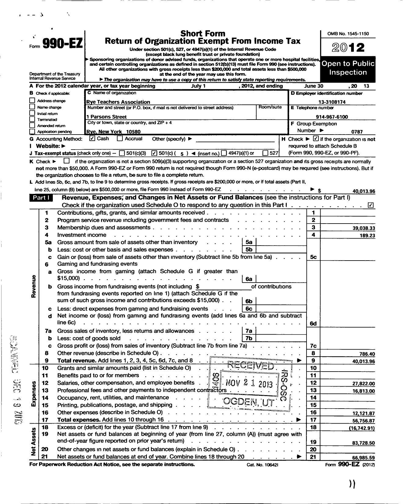 Image of first page of 2012 Form 990EO for American Federation of Teachers - 2972 Rye Teachers Association