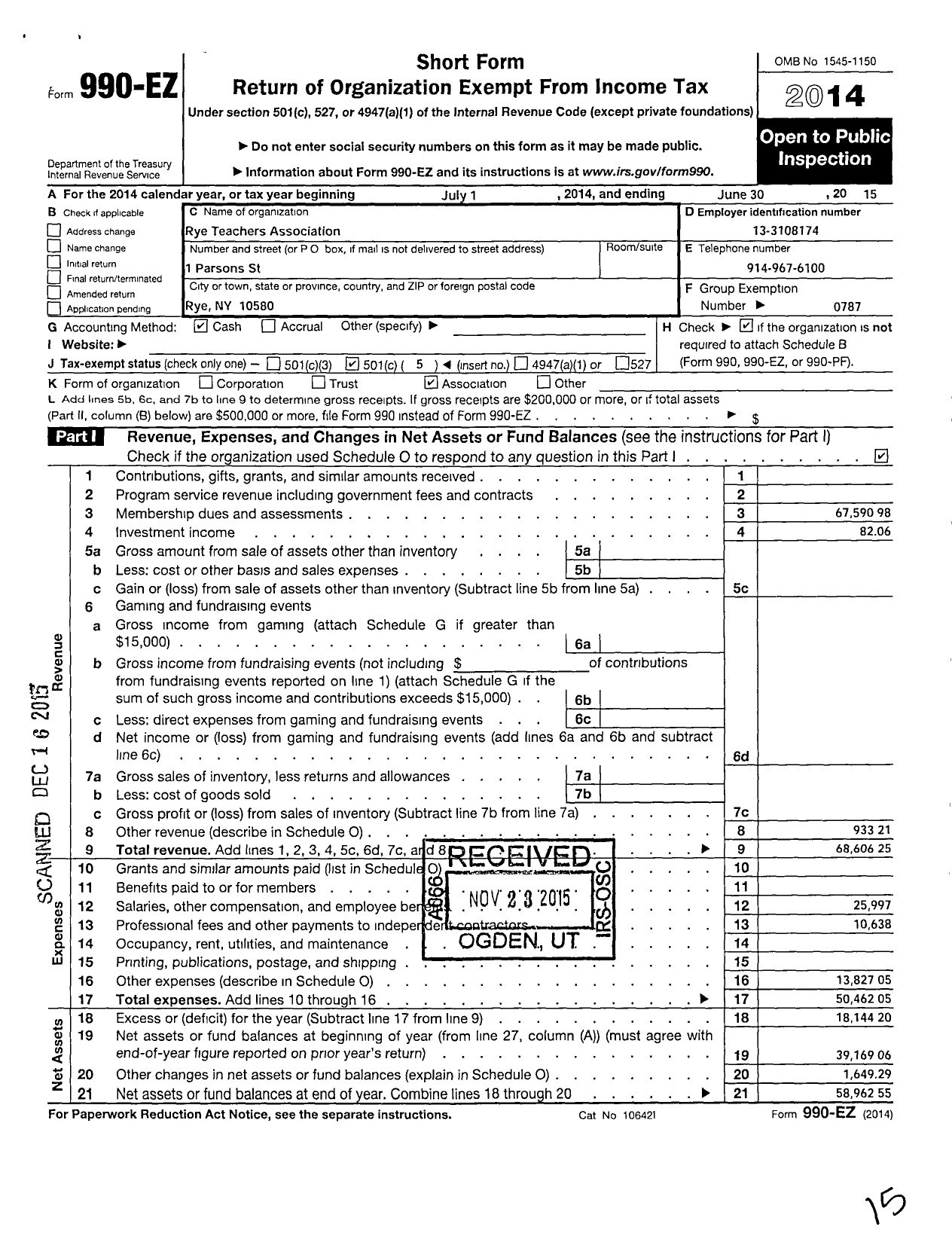 Image of first page of 2014 Form 990EO for American Federation of Teachers - 2972 Rye Teachers Association