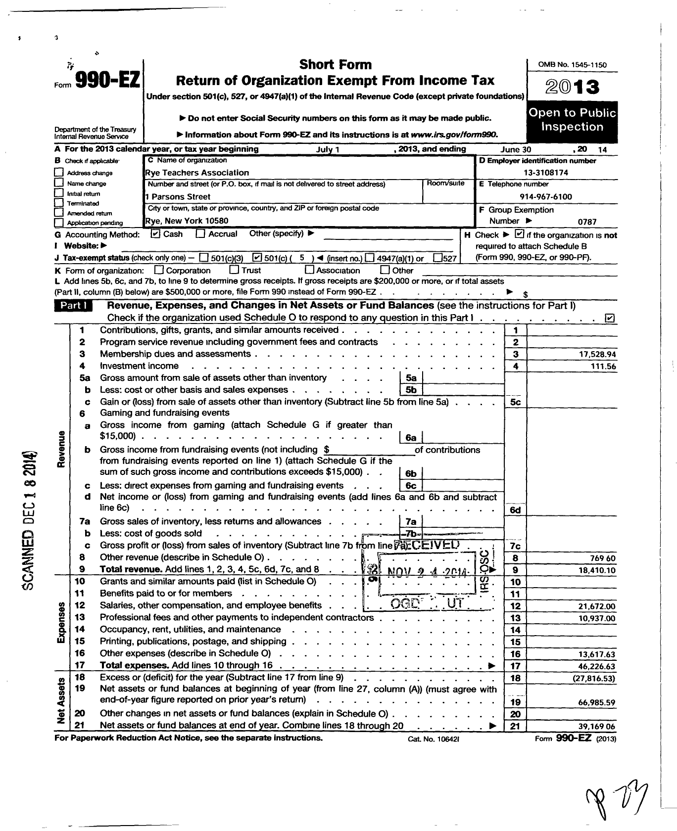 Image of first page of 2013 Form 990EO for American Federation of Teachers - 2972 Rye Teachers Association