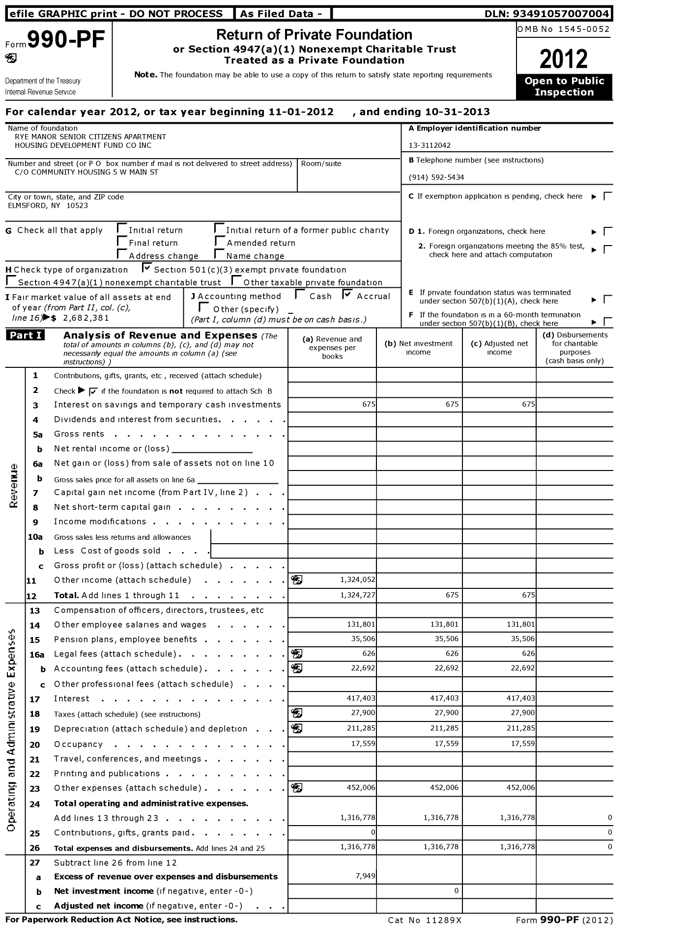 Image of first page of 2012 Form 990PF for Rye Manor Senior Citizens' Apartment Housing Development Fund