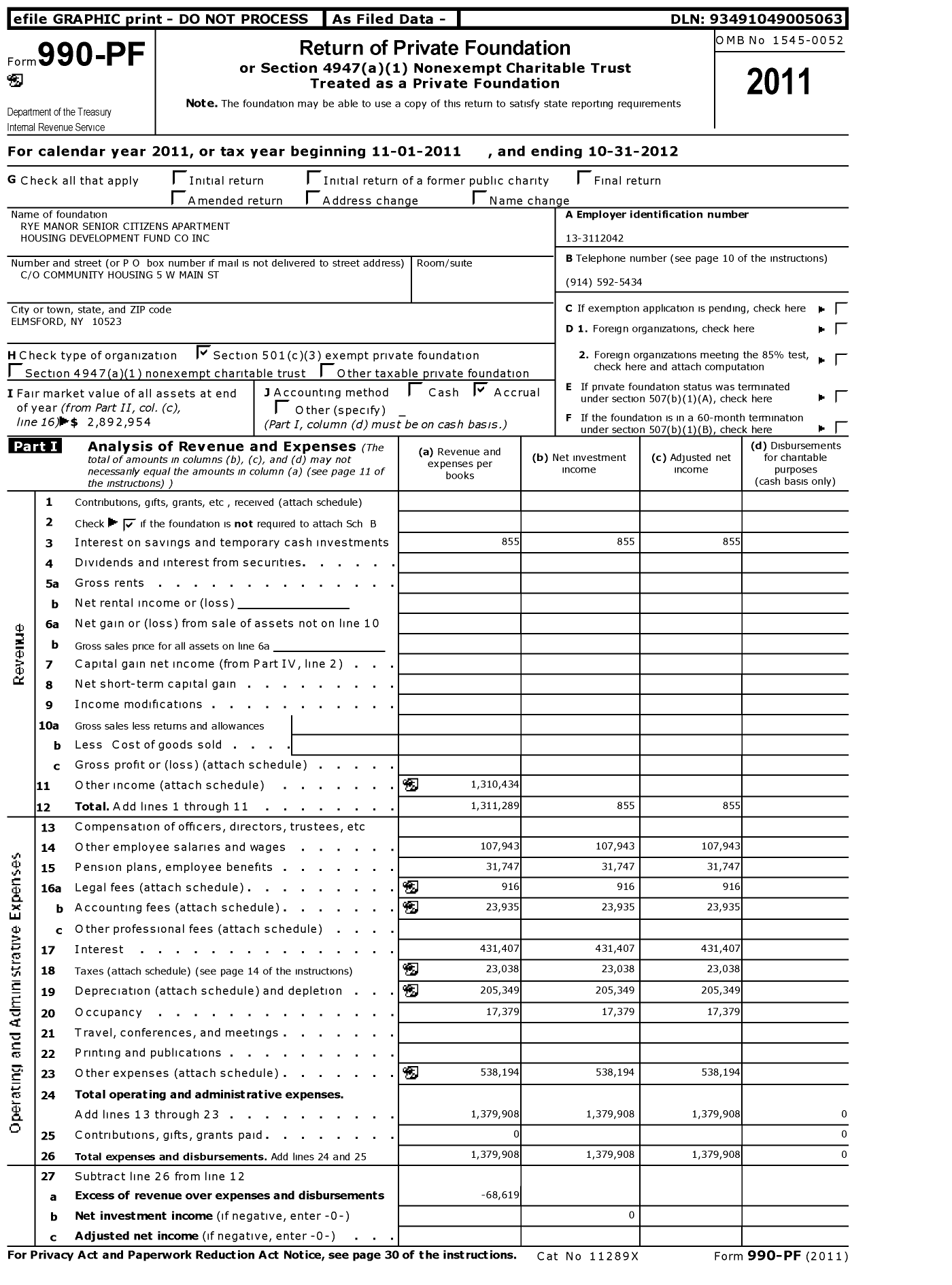 Image of first page of 2011 Form 990PF for Rye Manor Senior Citizens' Apartment Housing Development Fund