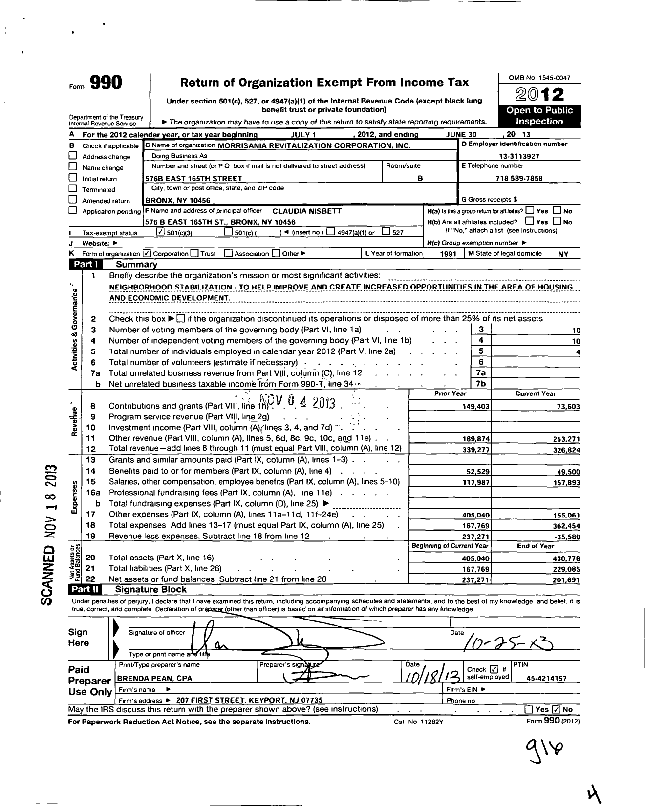 Image of first page of 2012 Form 990 for Morrisania Revitalization Corporation