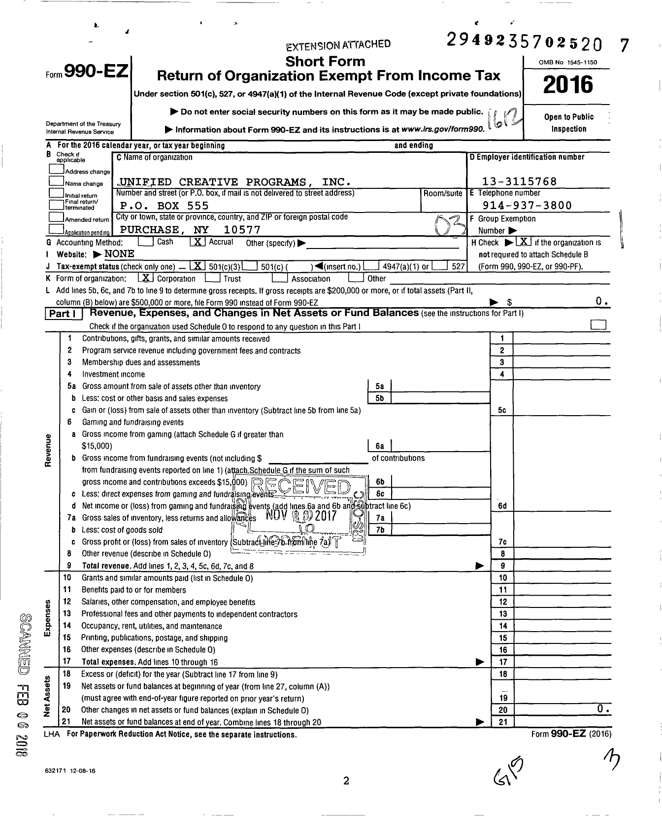 Image of first page of 2016 Form 990EZ for Unified Creative Programs