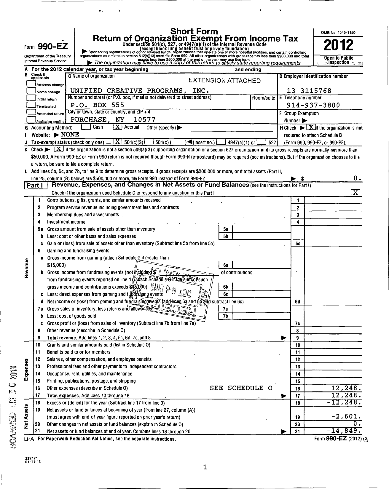 Image of first page of 2012 Form 990EZ for Unified Creative Programs