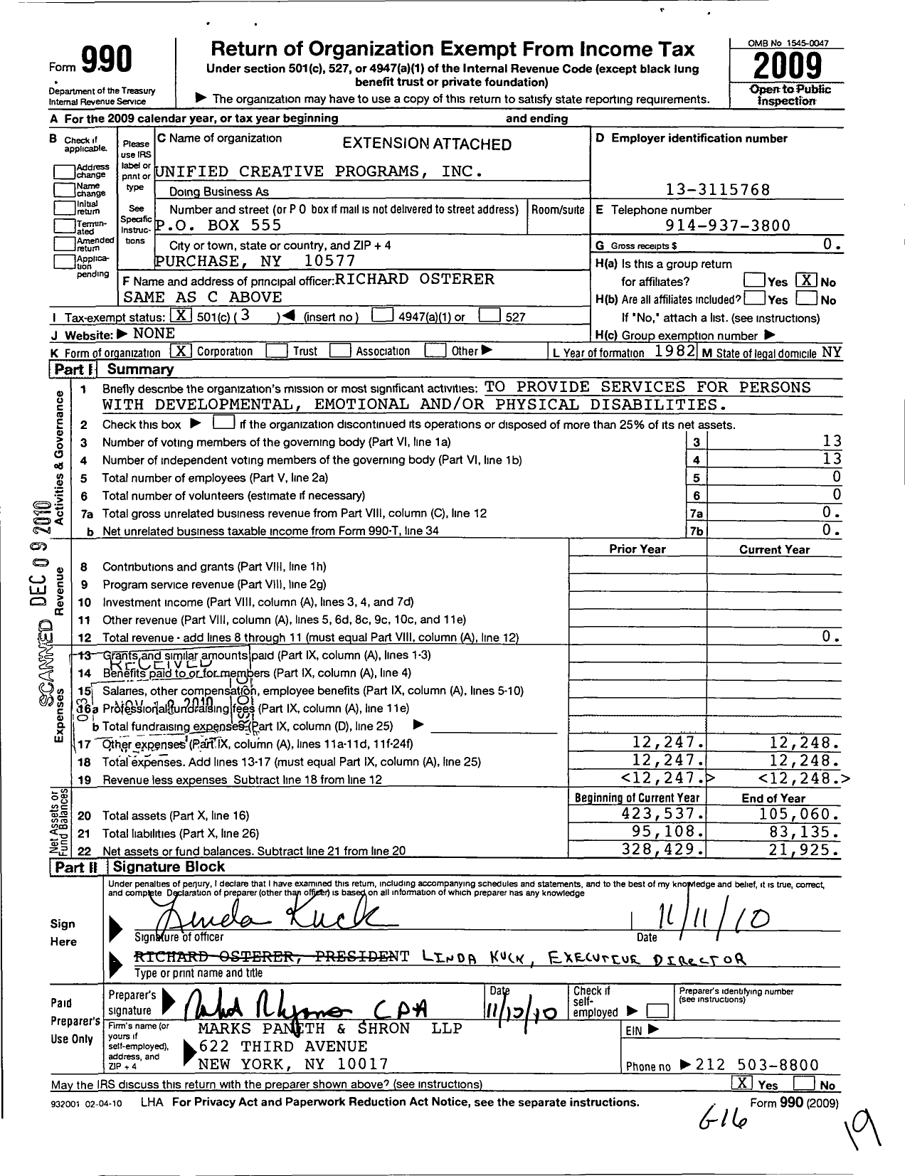 Image of first page of 2009 Form 990 for Unified Creative Programs