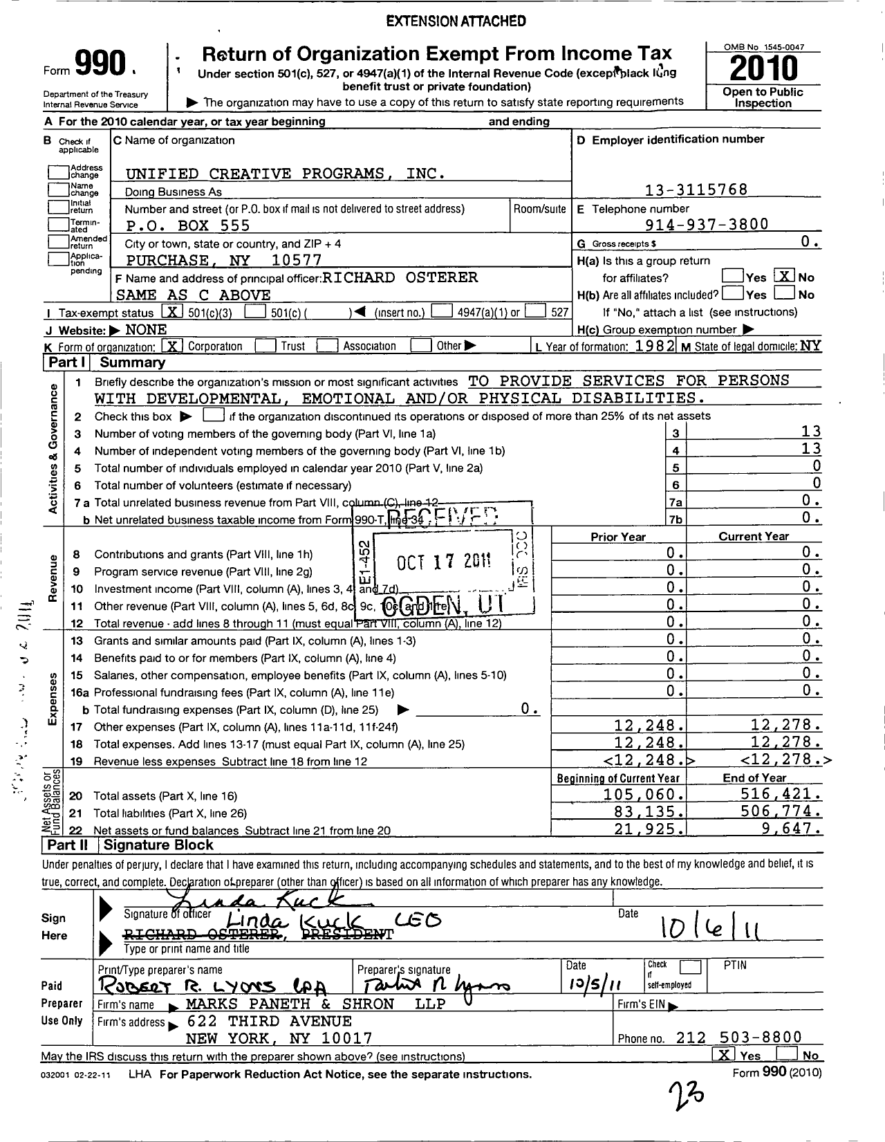 Image of first page of 2010 Form 990 for Unified Creative Programs