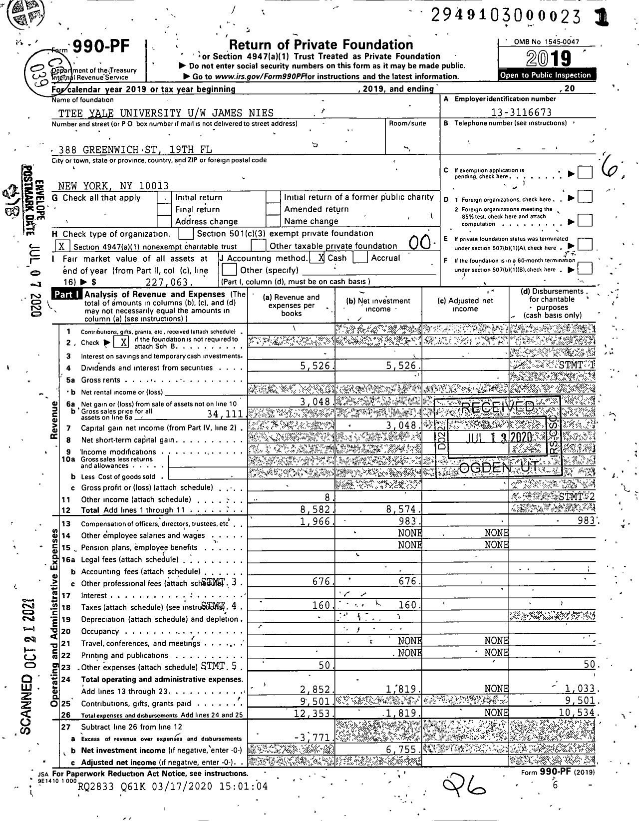 Image of first page of 2019 Form 990PF for Trustees Yale University Uw James Nies