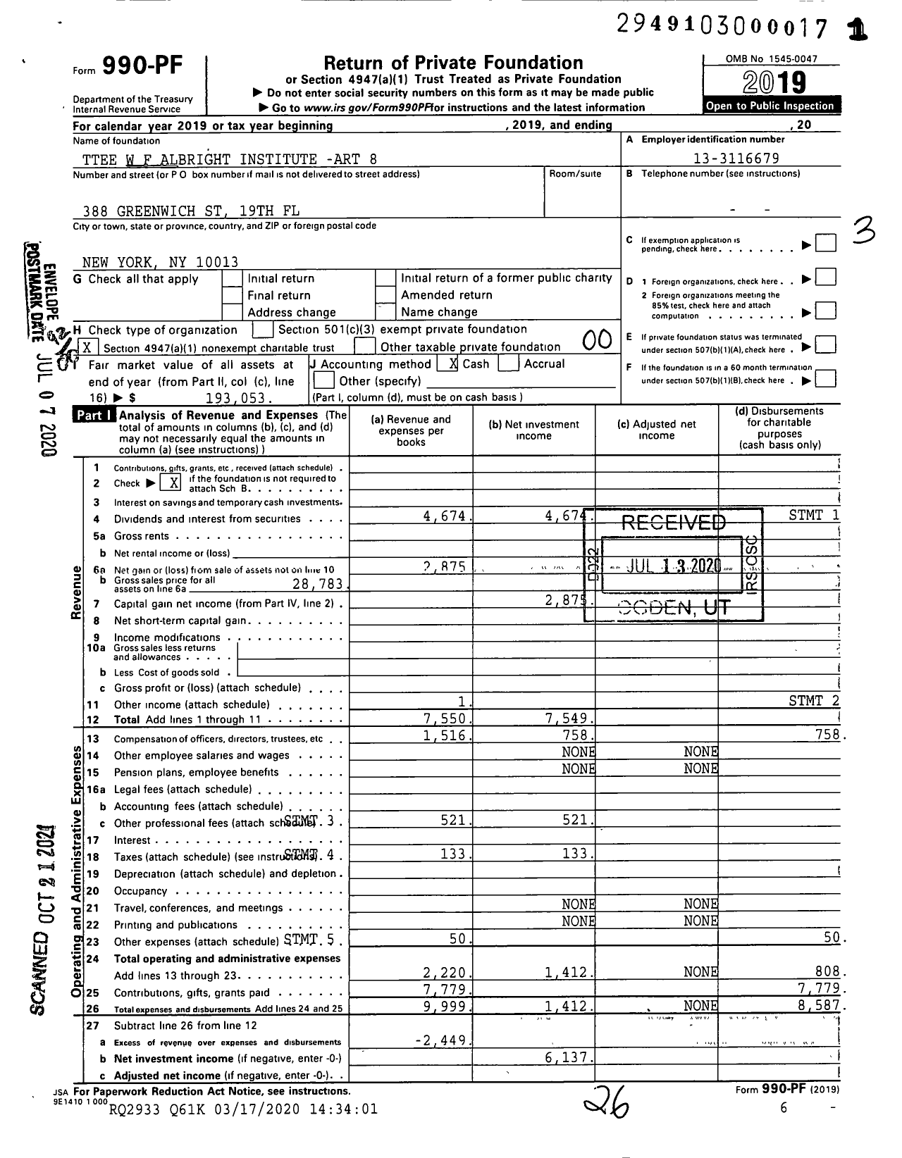 Image of first page of 2019 Form 990PF for Trustees W F Albright Institute -art 8