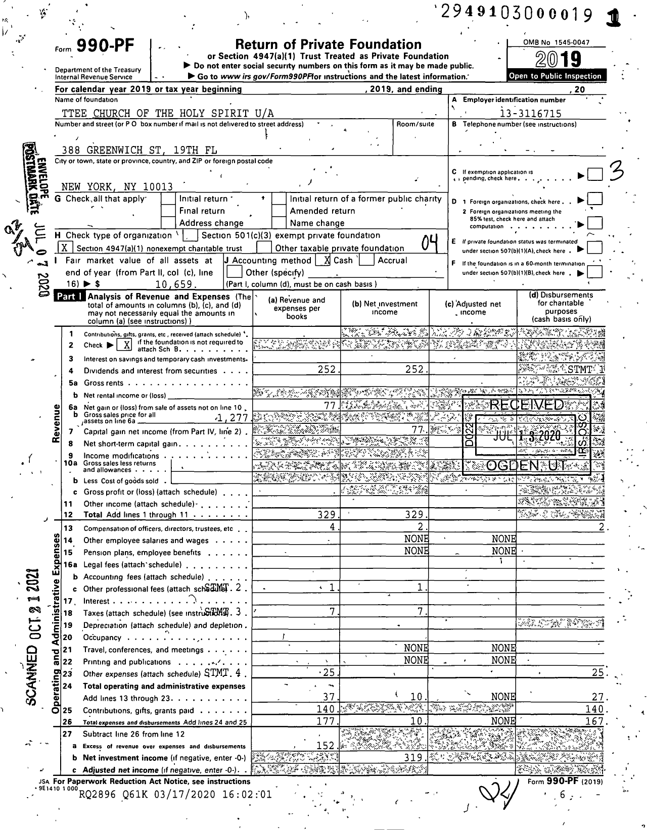 Image of first page of 2019 Form 990PF for Trustees CHURCH OF THE HOLy SPIRIT