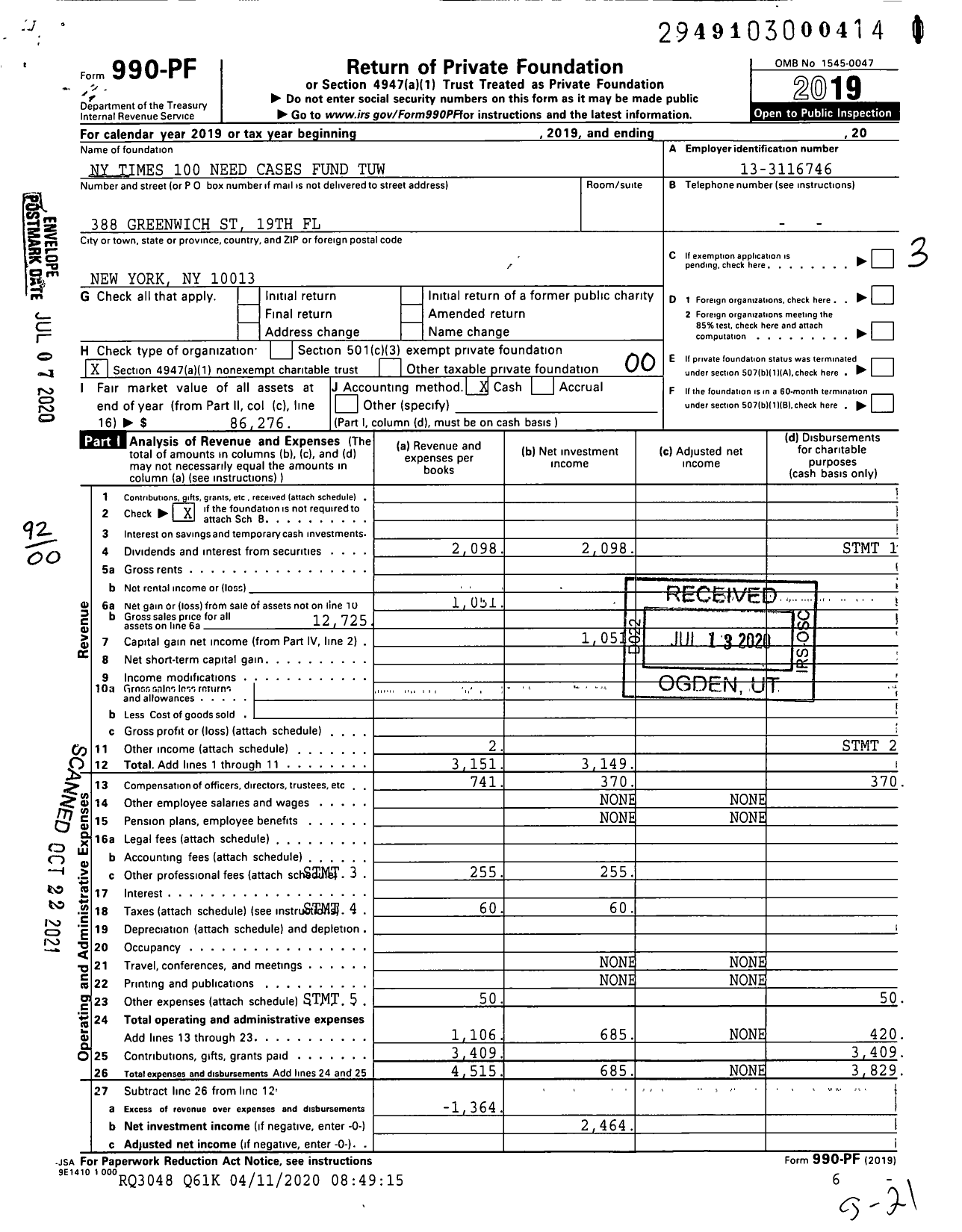 Image of first page of 2019 Form 990PF for Ny Times 100 Need Cases Fund Tuw