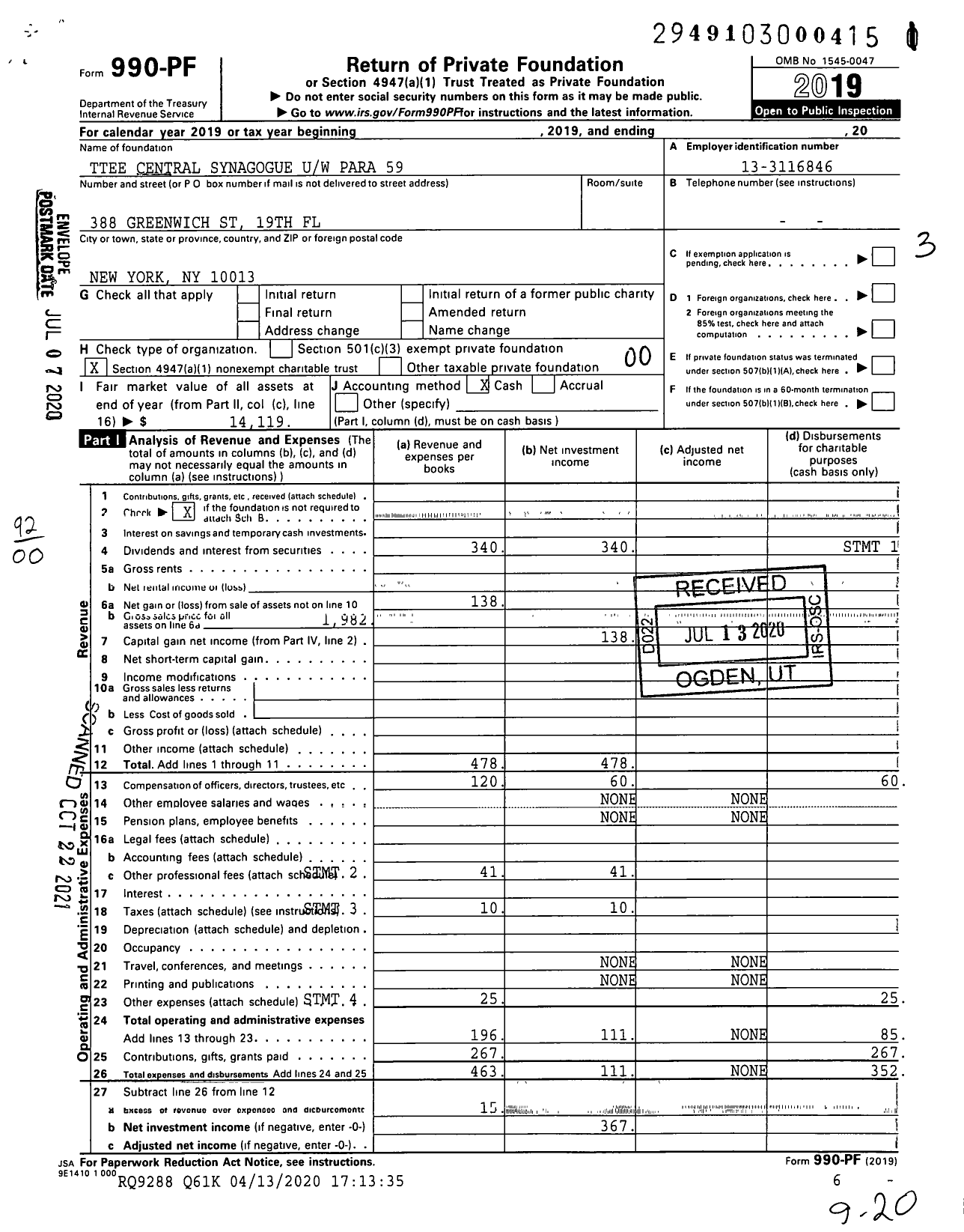 Image of first page of 2019 Form 990PF for Trustees Central Synagogue Uw Para 59