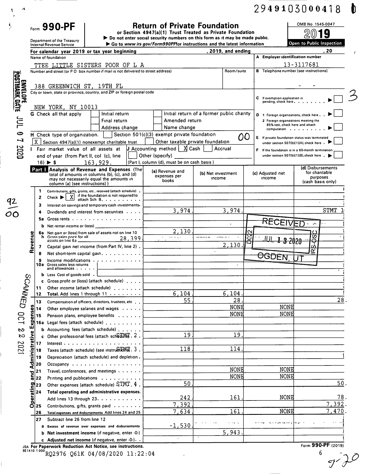 Image of first page of 2019 Form 990PF for Trustees Little Sisters Poor of L A