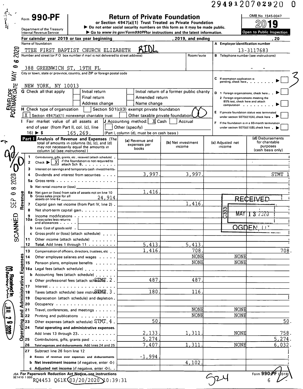 Image of first page of 2019 Form 990PR for Trustees FIRST BAPTIST CHURCh ELIZABETH