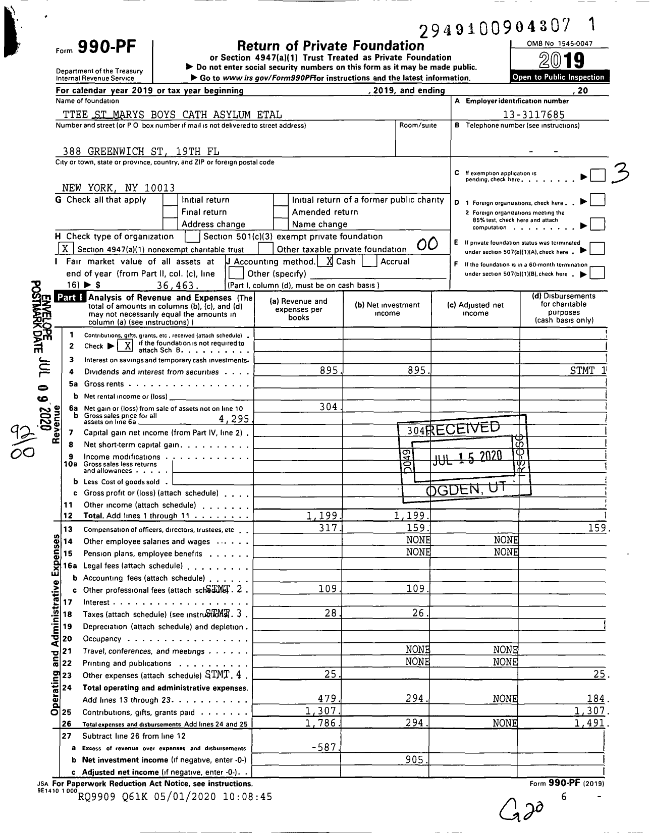 Image of first page of 2019 Form 990PF for Trustees St Marys Boys Cath Asylum Etal