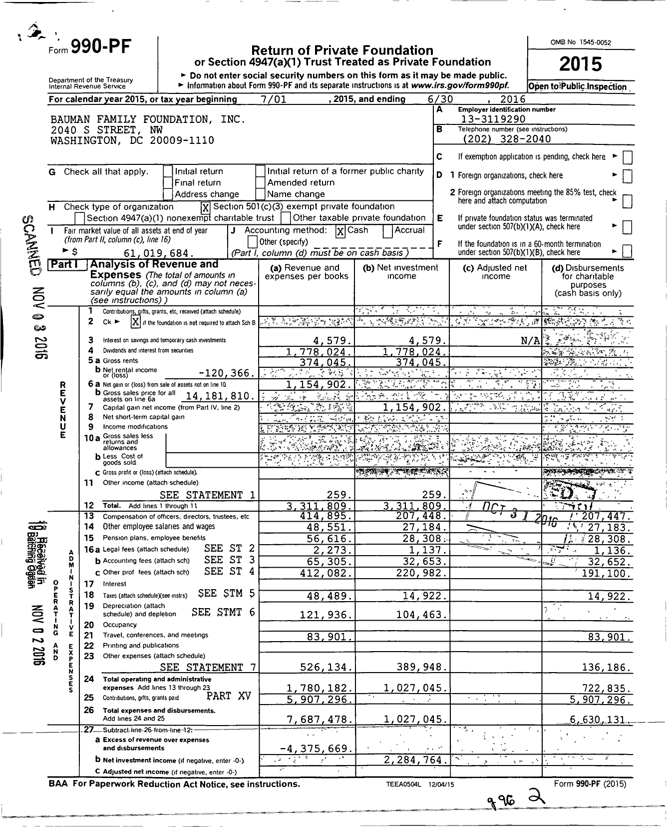 Image of first page of 2015 Form 990PF for Bauman Family Foundation