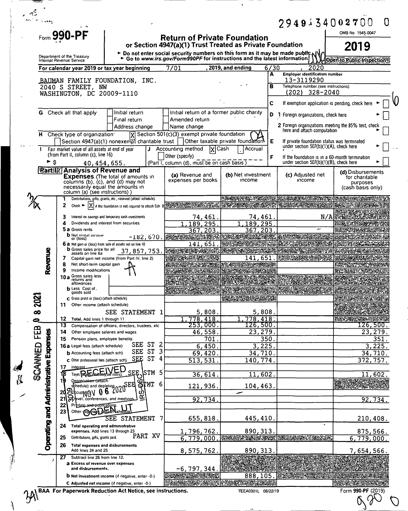 Image of first page of 2019 Form 990PF for Bauman Family Foundation