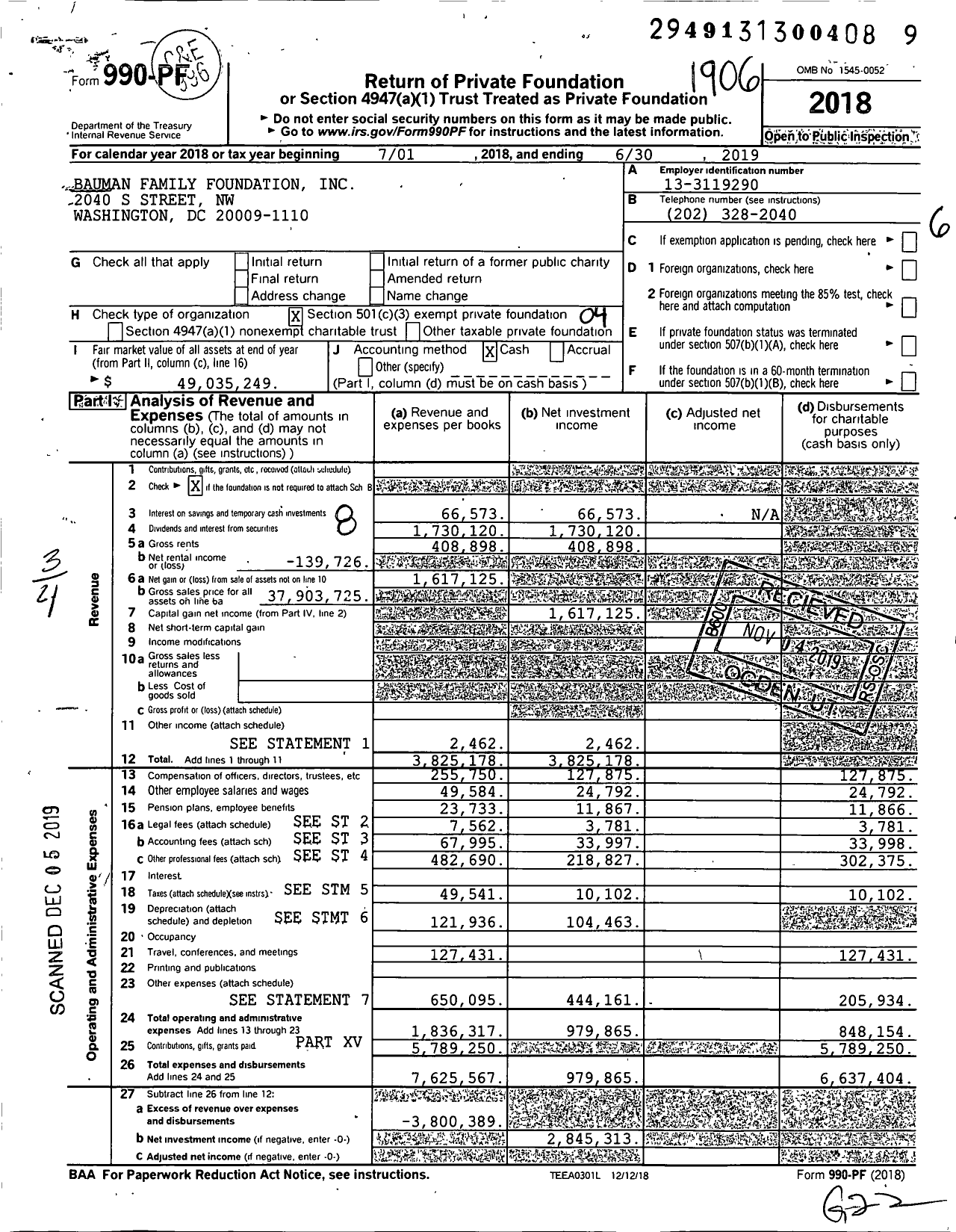 Image of first page of 2018 Form 990PF for Bauman Family Foundation