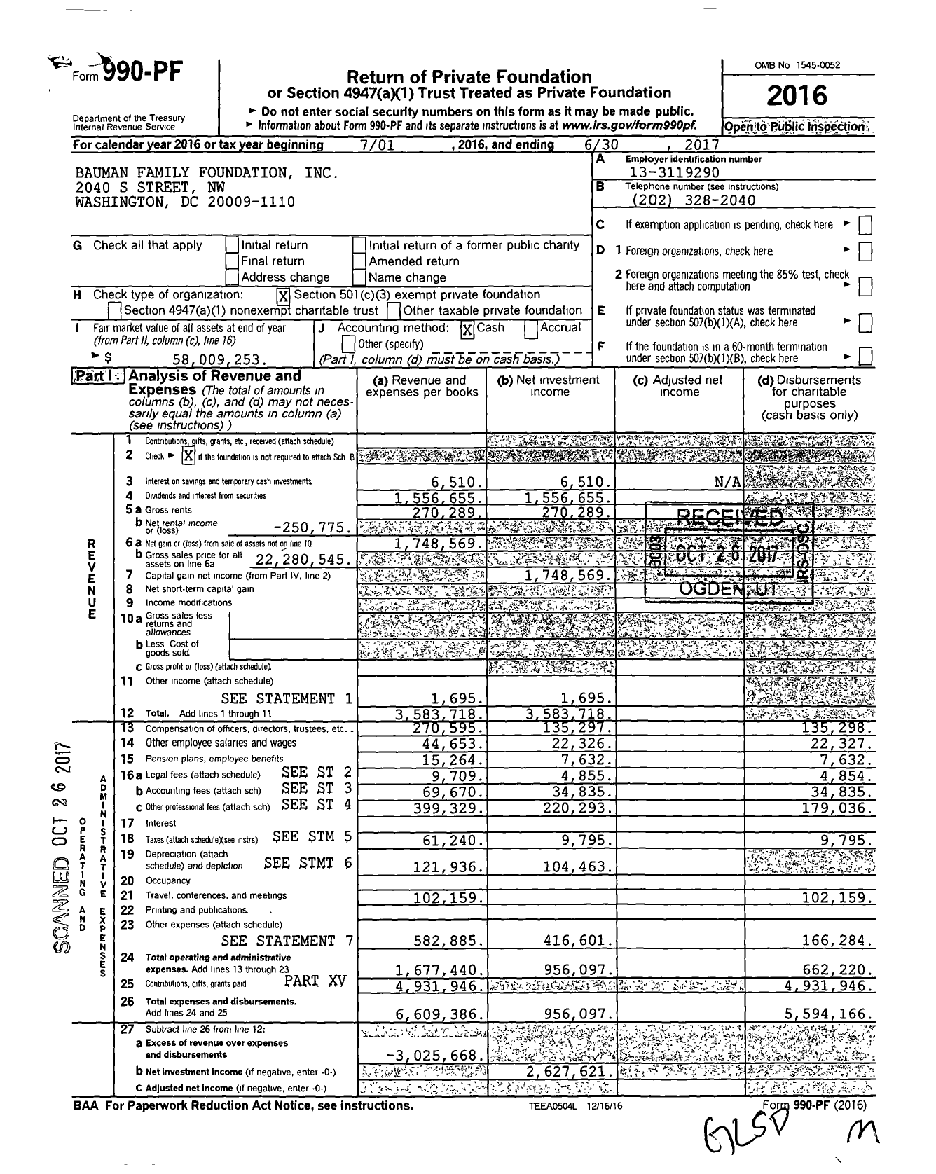 Image of first page of 2016 Form 990PF for Bauman Family Foundation