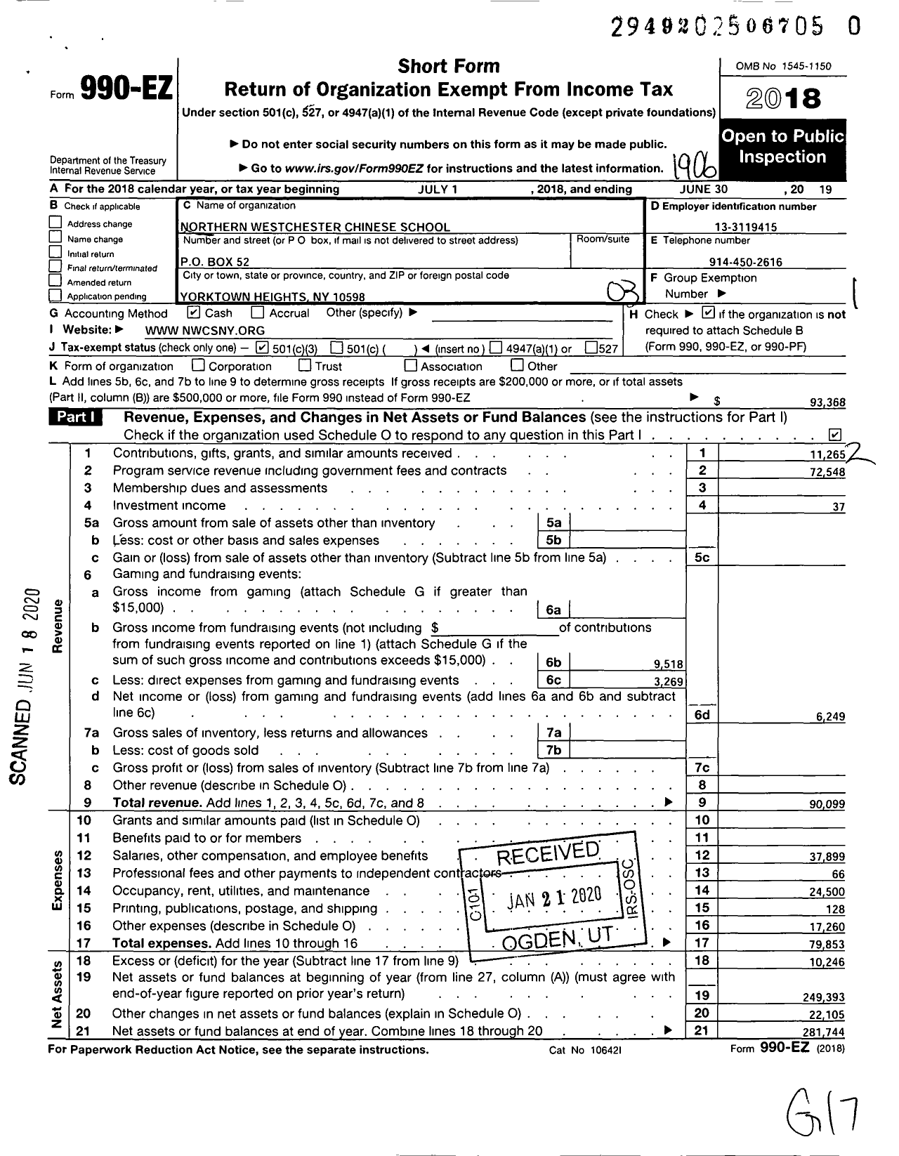 Image of first page of 2018 Form 990EZ for Northern Westchester Chinese School