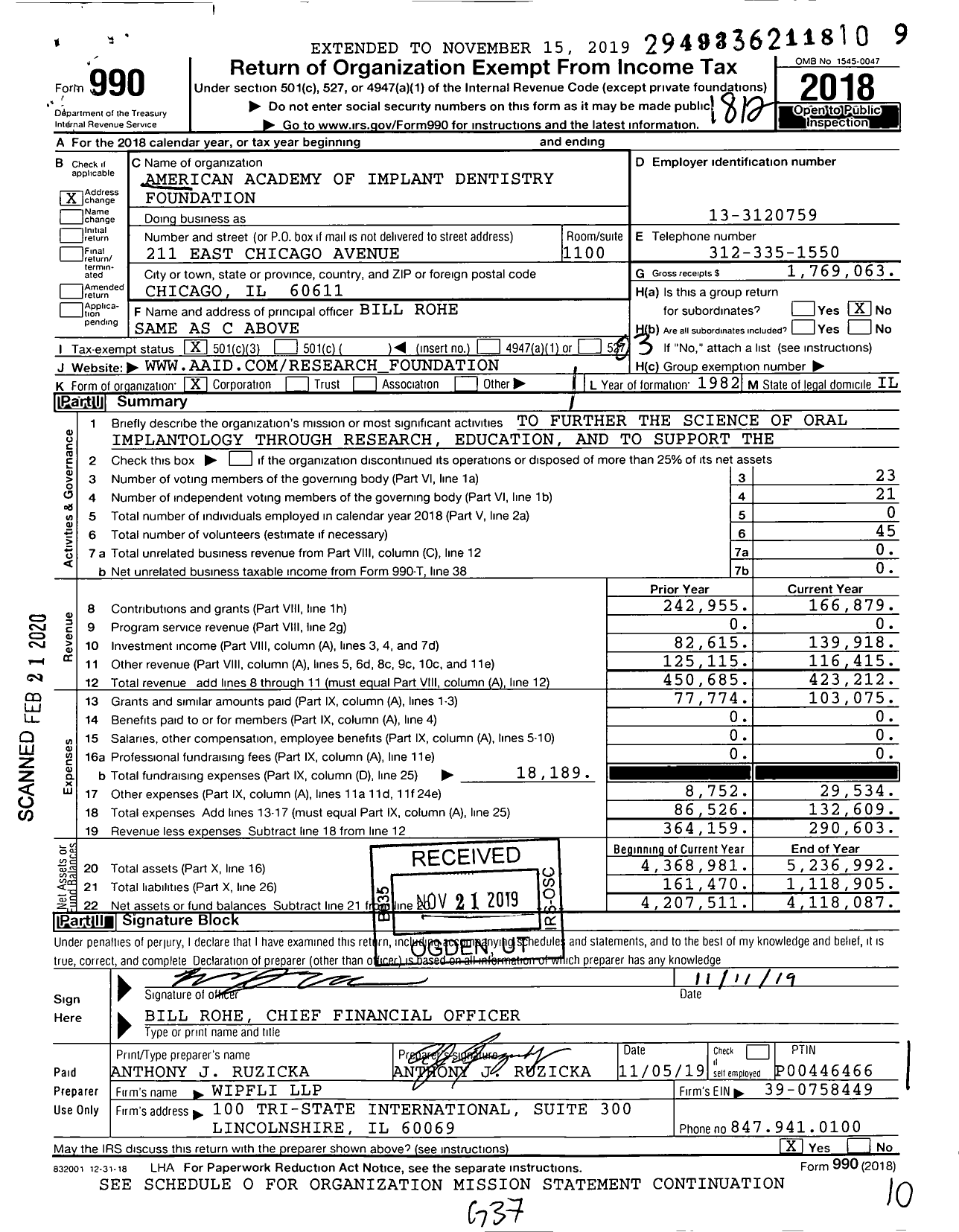 Image of first page of 2018 Form 990 for American Academy of Implant Dentistry Foundation