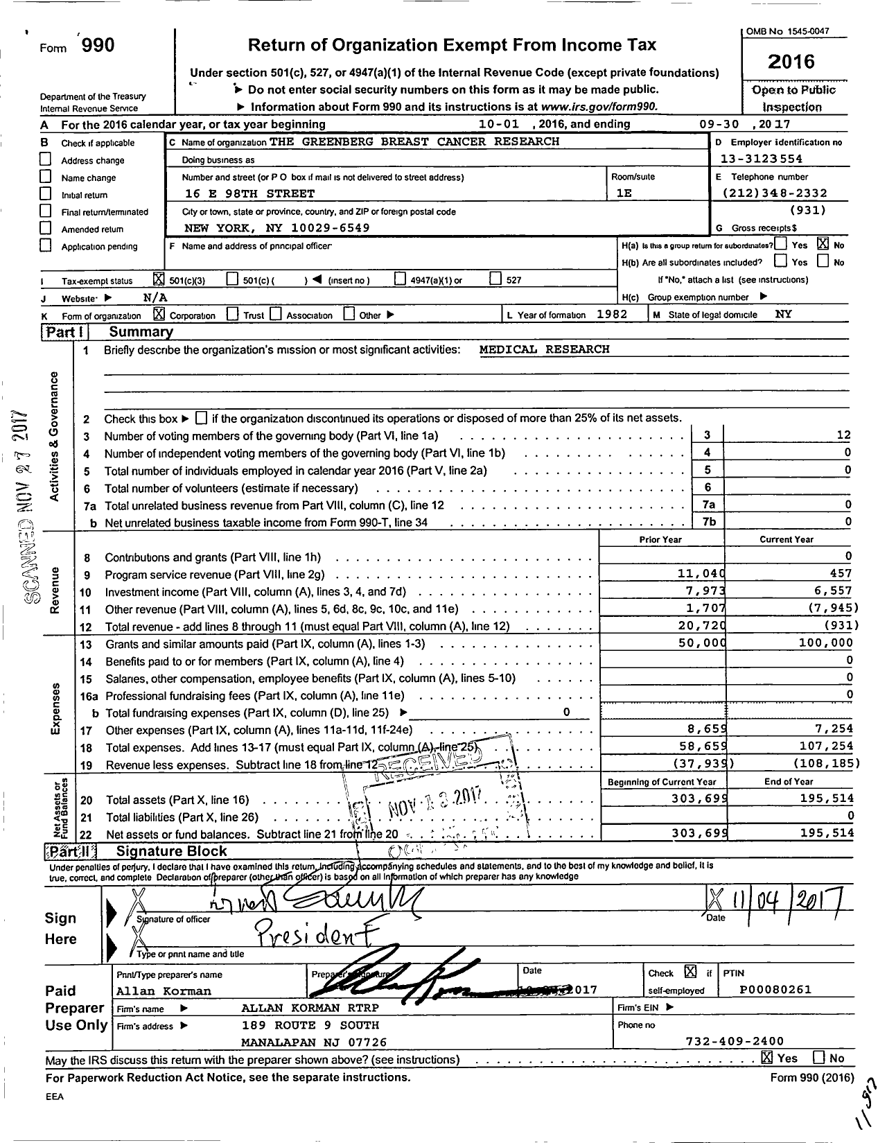 Image of first page of 2016 Form 990 for The Greenberg Breast Cancer Research